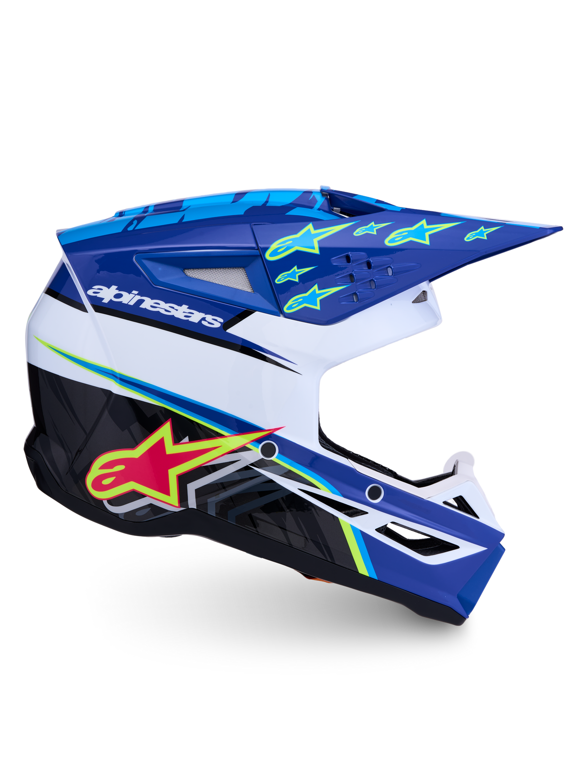 Alpinestars SM3 Falcon hjälm ECE06, blå och vit motocrosshjälm med stjärngrafik och avancerad ventilation