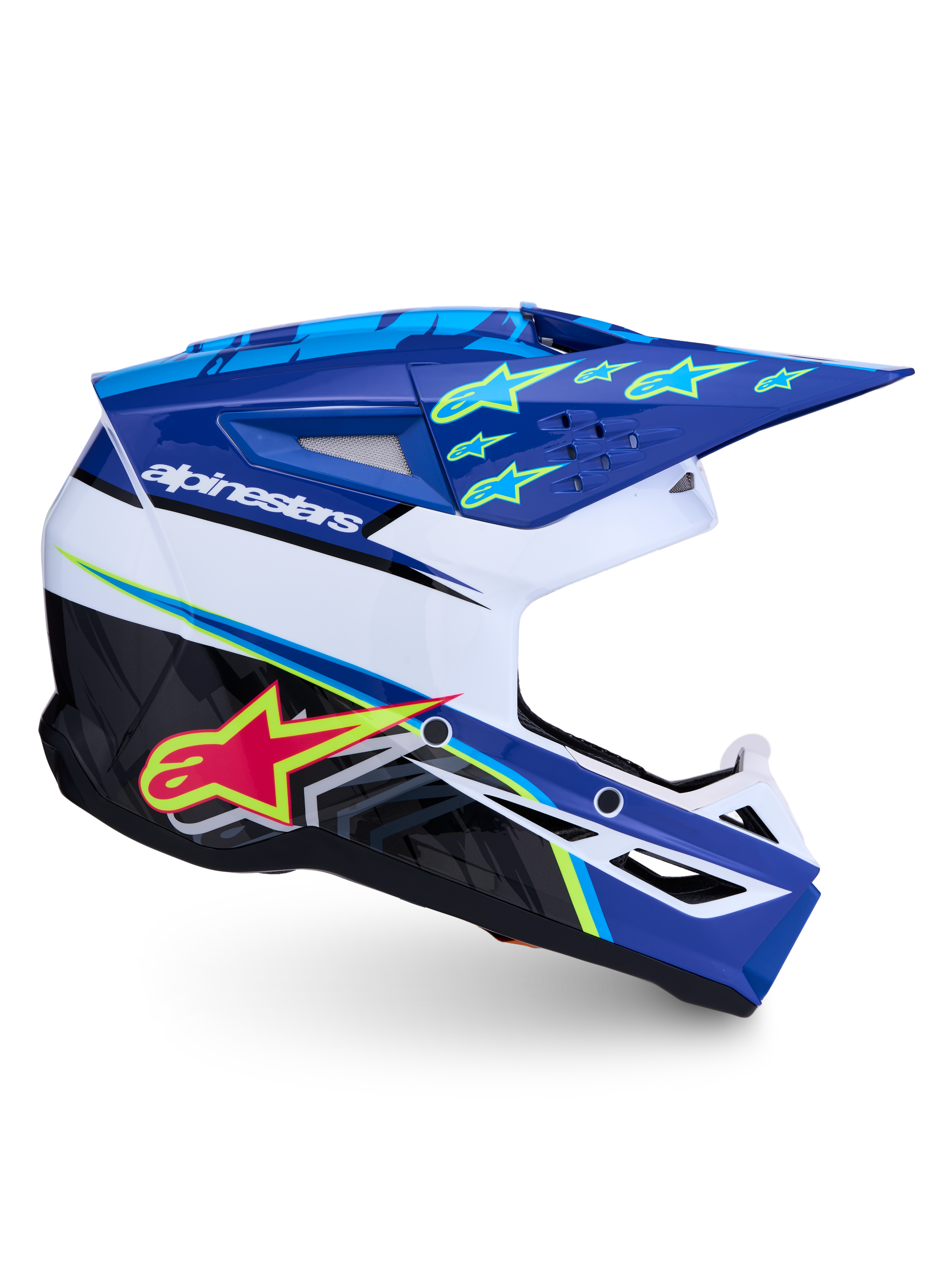 Alpinestars SM3 Falcon hjälm ECE06, blå och vit motocrosshjälm med stjärngrafik och avancerad ventilation