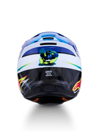 Alpinestars SM3 Falcon hjälm ECE06, blå och vit motocrosshjälm, vy bakifrån med boxande fågelgrafik och synlig ECE-certifiering, designad för terrängkörning.