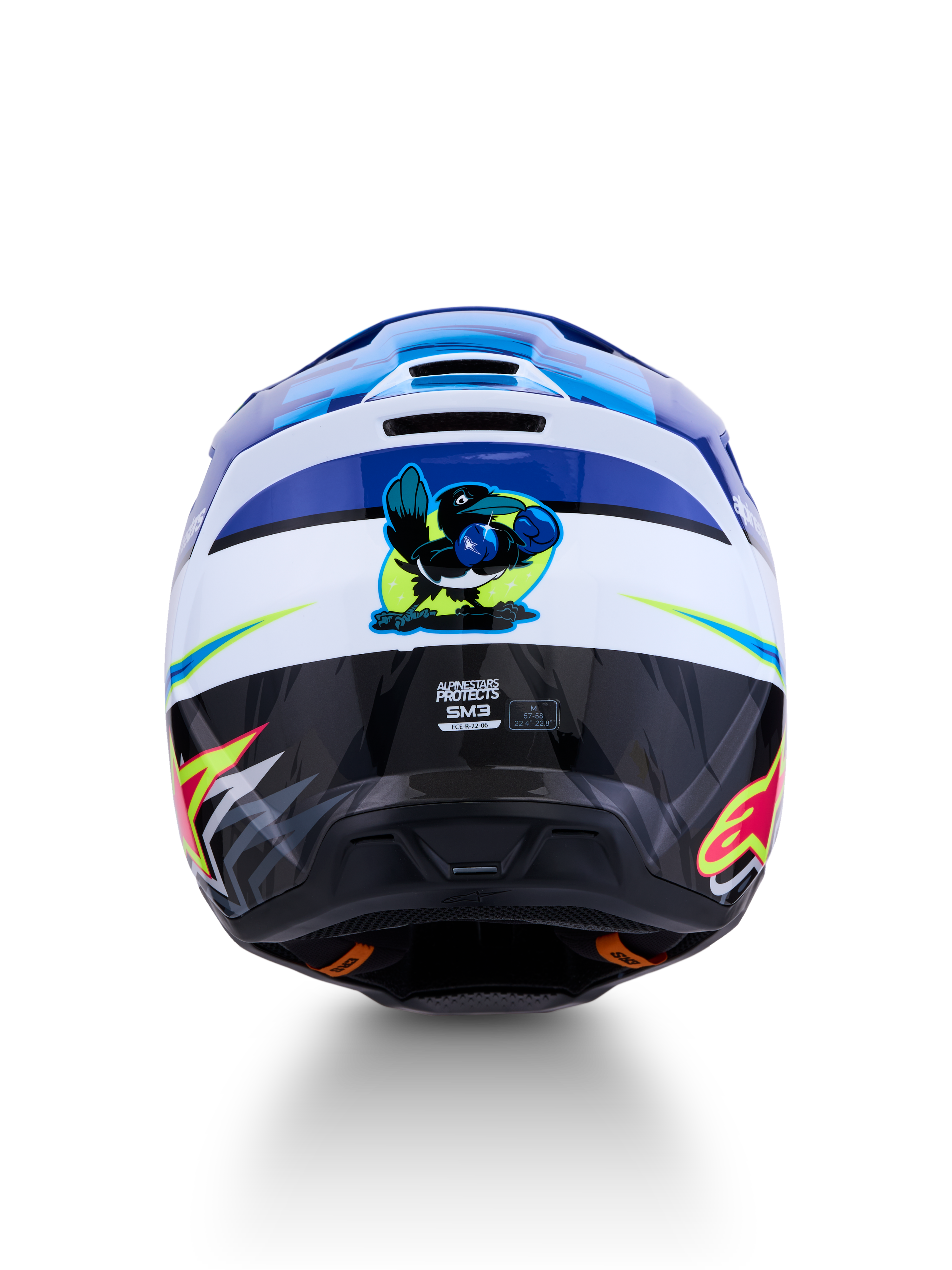 Alpinestars SM3 Falcon hjälm ECE06, blå och vit motocrosshjälm, vy bakifrån med boxande fågelgrafik och synlig ECE-certifiering, designad för terrängkörning.