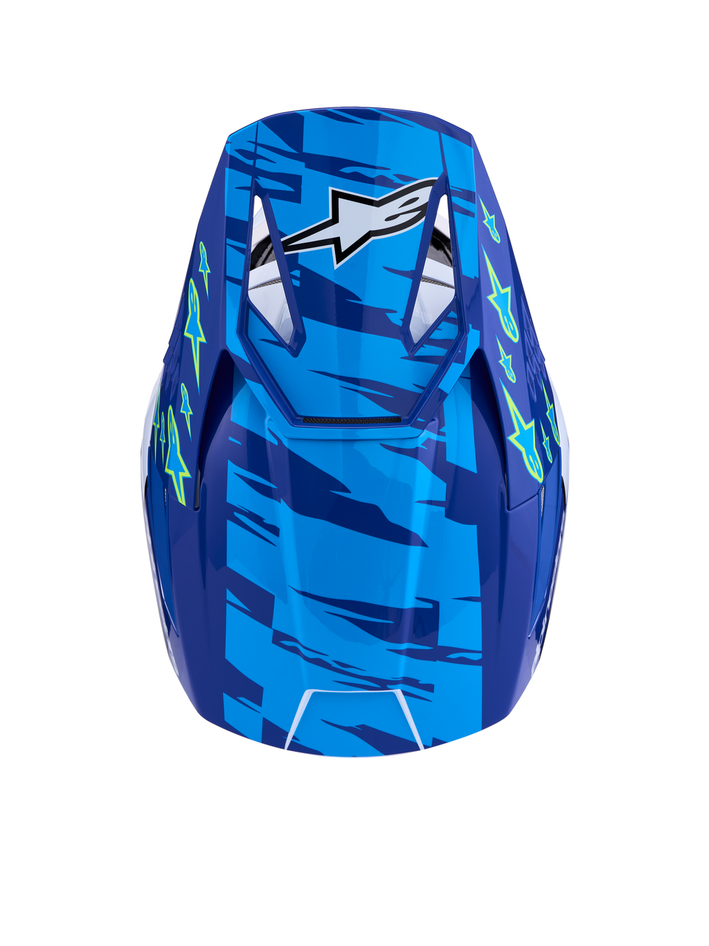 Alpinestars SM3 Falcon hjälm ECE06, blå och gul fluo motocrosshjälm sedd uppifrån, ECE 2206-certifierad med ventilerat visir.