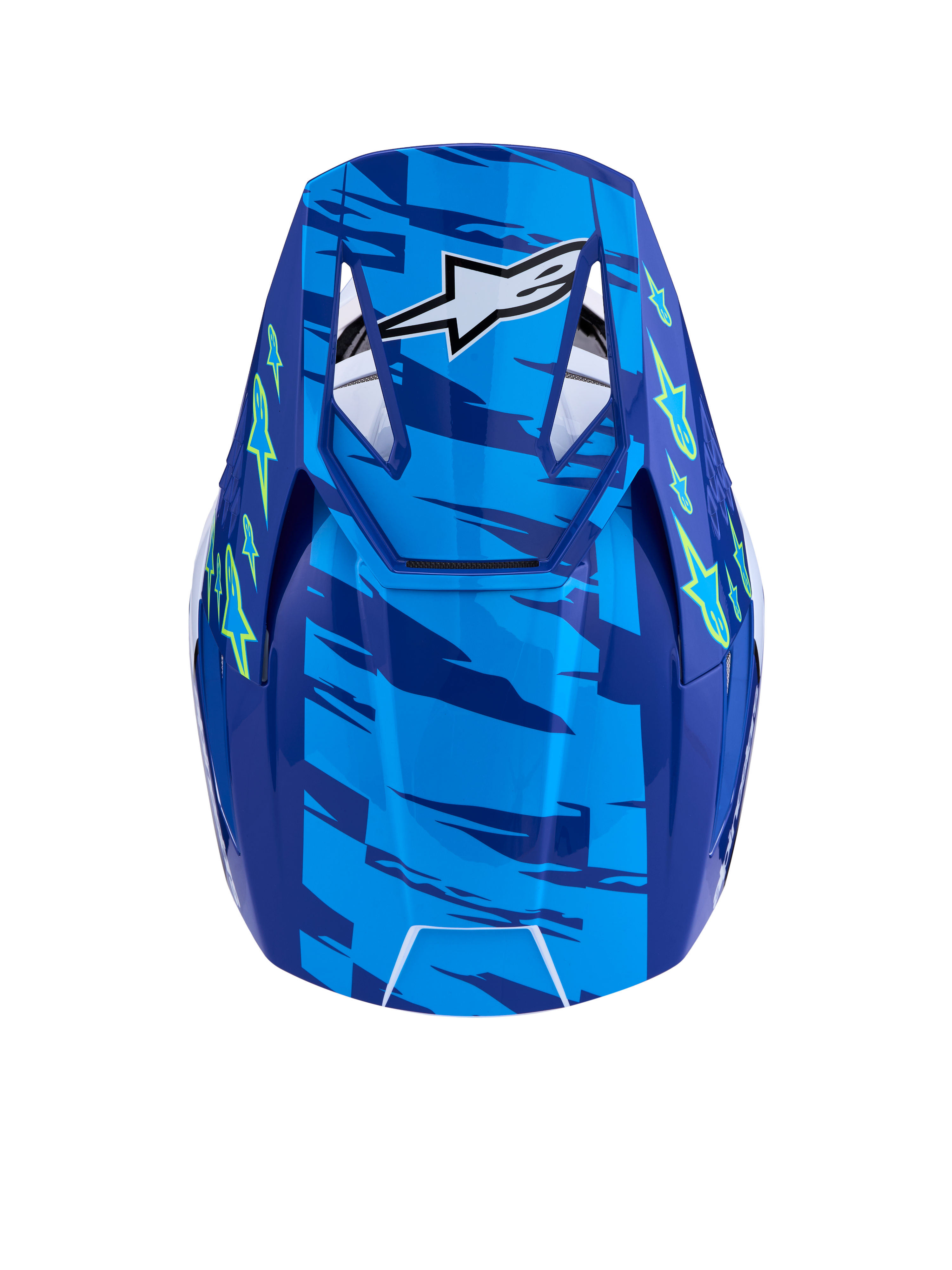 Alpinestars SM3 Falcon hjälm ECE06, blå och gul fluo motocrosshjälm sedd uppifrån, ECE 2206-certifierad med ventilerat visir.