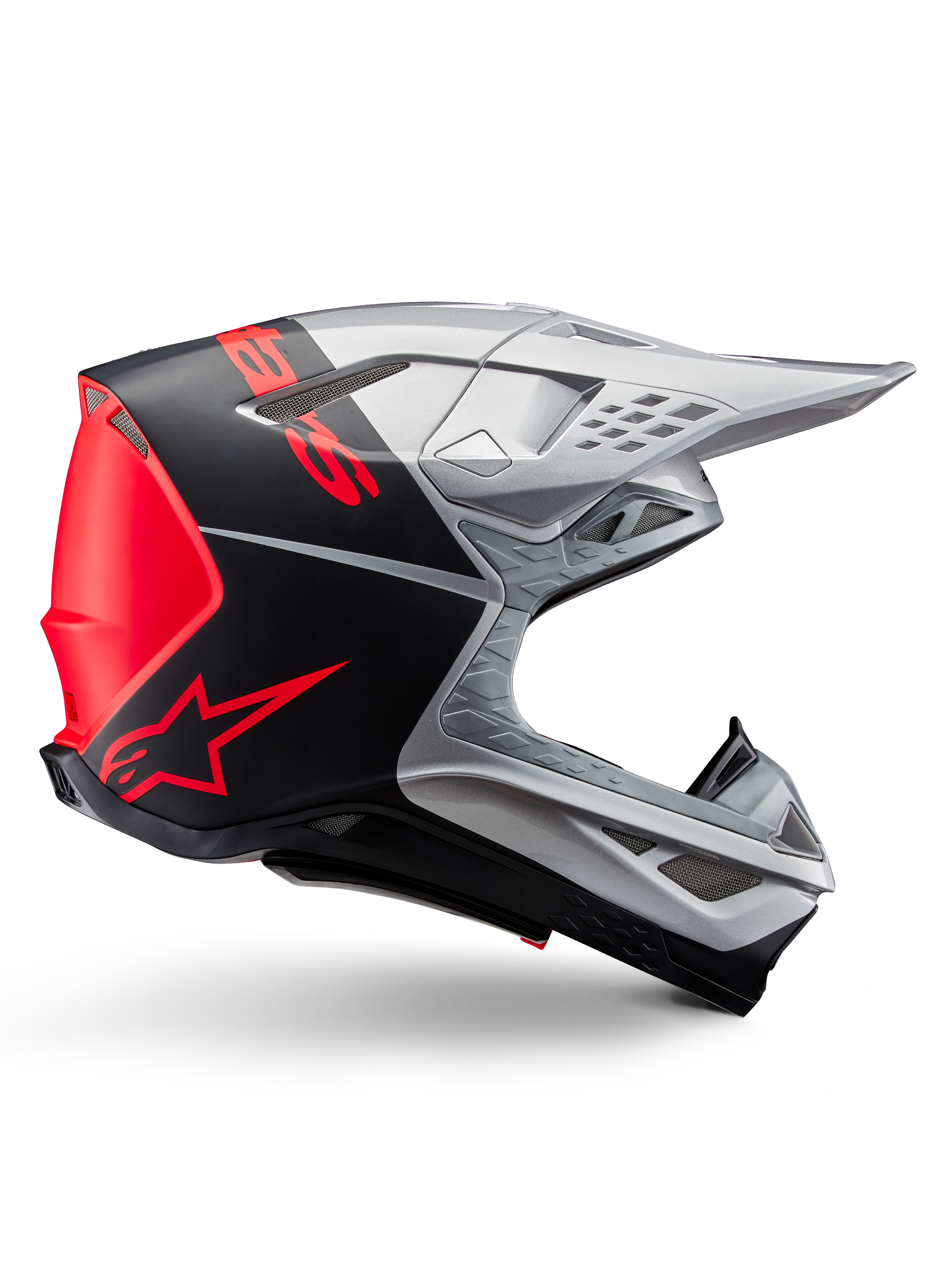 Alpinestars Supertech M10 Flood ECE 22.06-hjälm, motocrosshjälm, silver, svart och orange fluo, matt och glansig finish, aerodynamisk profil med multikompositskal, framträdande branding med orange Alpinestars-logotyp, högflödesventilationsportar och skyddande visir