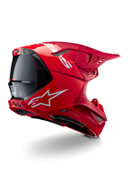 Alpinestars Supertech M10 Flood hjälm, motocrosshjälm, röd och fluo-röd, matt och glansig finish, bakre profilvy med vit Alpinestars-logotyp och kolfiberdetaljer, aerodynamisk design med flera ventilationsöppningar, högpresterande huvudskydd för terrängkörning