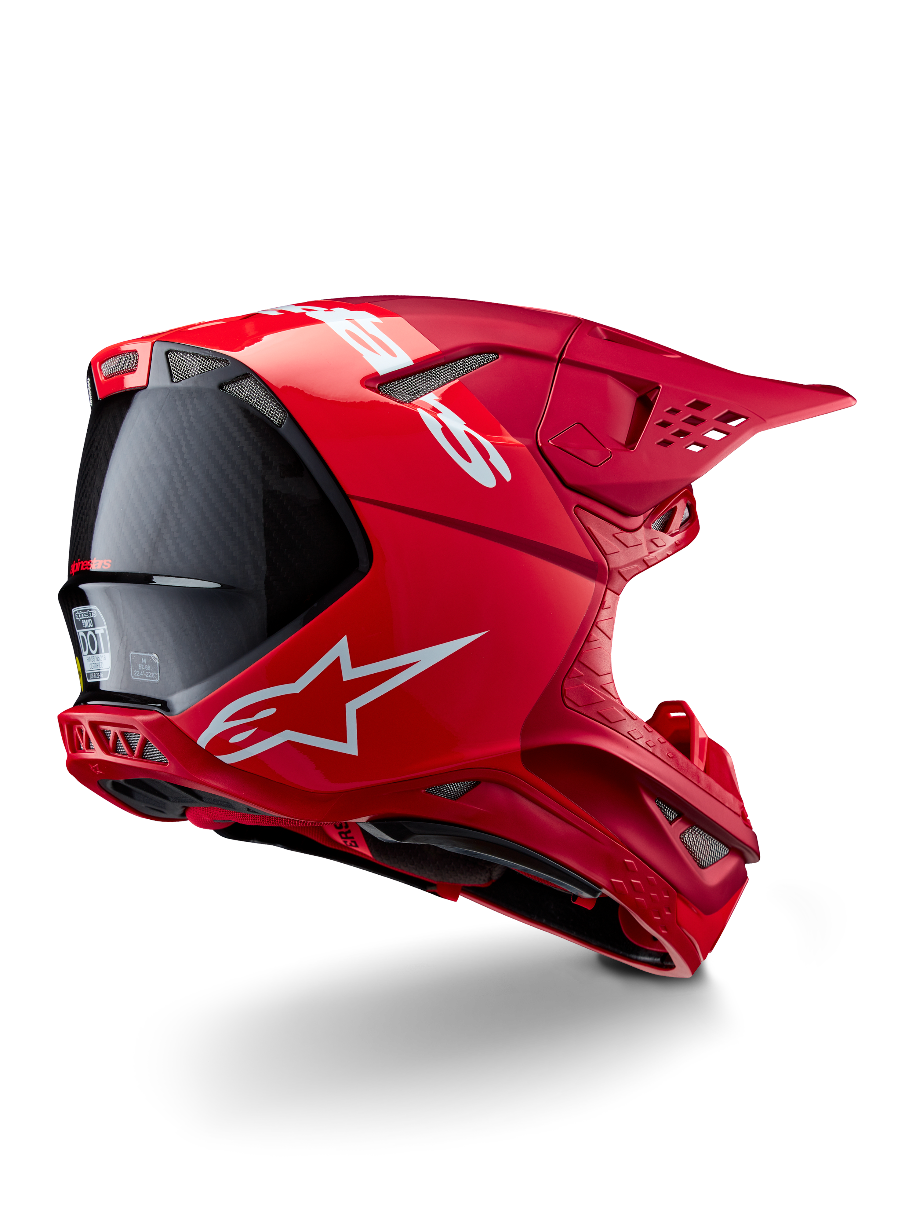 Alpinestars Supertech M10 Flood hjälm, motocrosshjälm, röd och fluo-röd, matt och glansig finish, bakre profilvy med vit Alpinestars-logotyp och kolfiberdetaljer, aerodynamisk design med flera ventilationsöppningar, högpresterande huvudskydd för terrängkörning