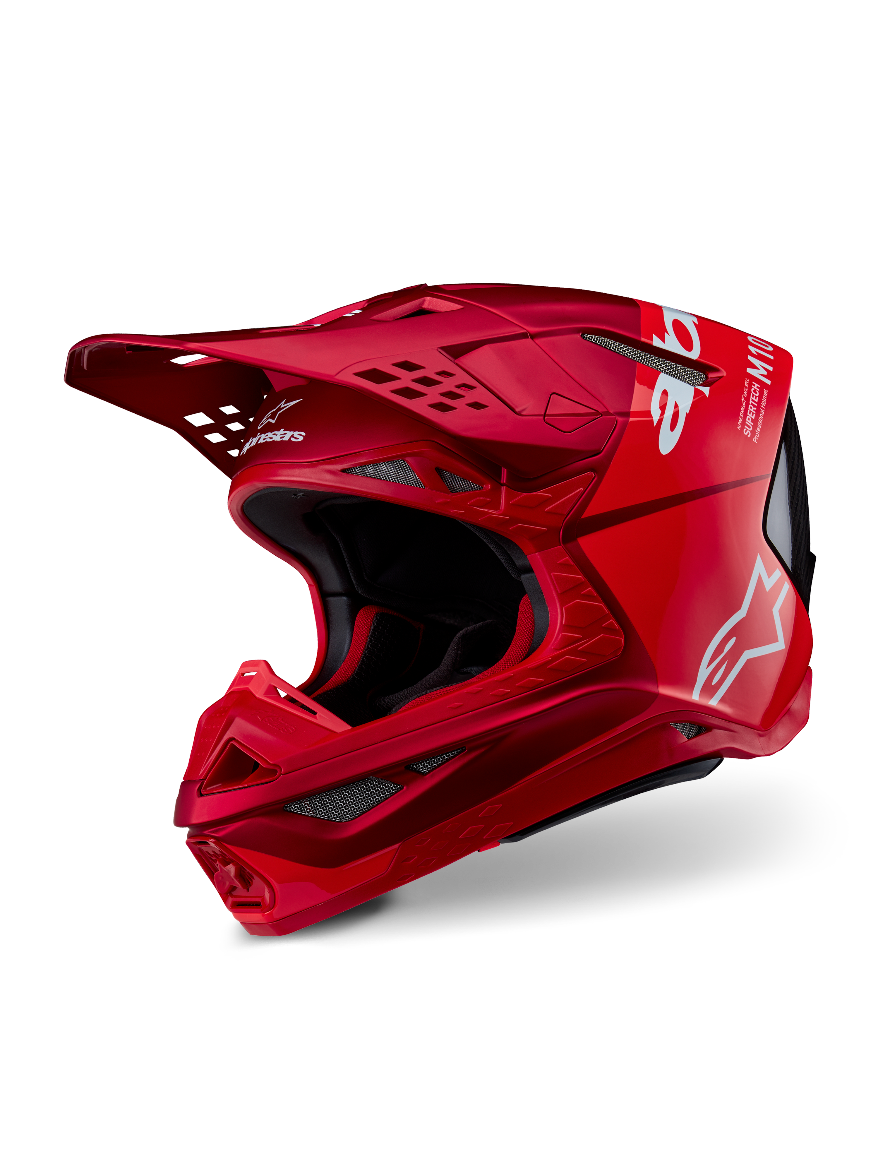 Alpinestars Supertech M10 Flood hjälm, motocrosshjälm, röd och fluoröd matt och glansig, med vita Alpinestars-logotyper, aerodynamisk profil med flera ventilationsöppningar, lätt kolfiberkompositskal för terrängkörning