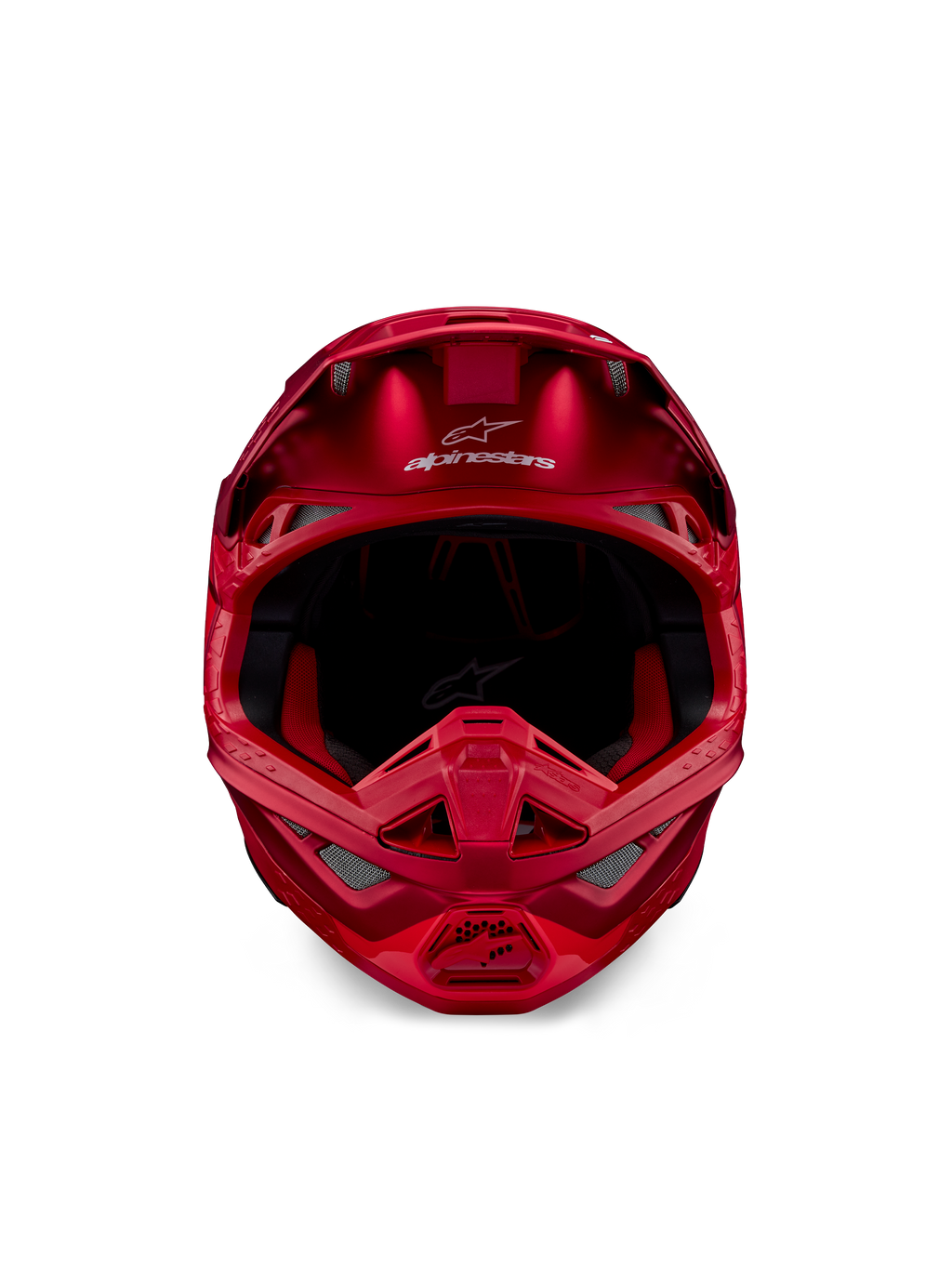 Alpinestars Supertech M10 Flood-hjälm, motocrosshjälm, röd fluo och röd matt/glansig, vy framifrån som visar aerodynamisk profil med flera ventilationsöppningar, Alpinestars-logotyp i pannan och rött innerfoder, professionell terrängracingutrustning