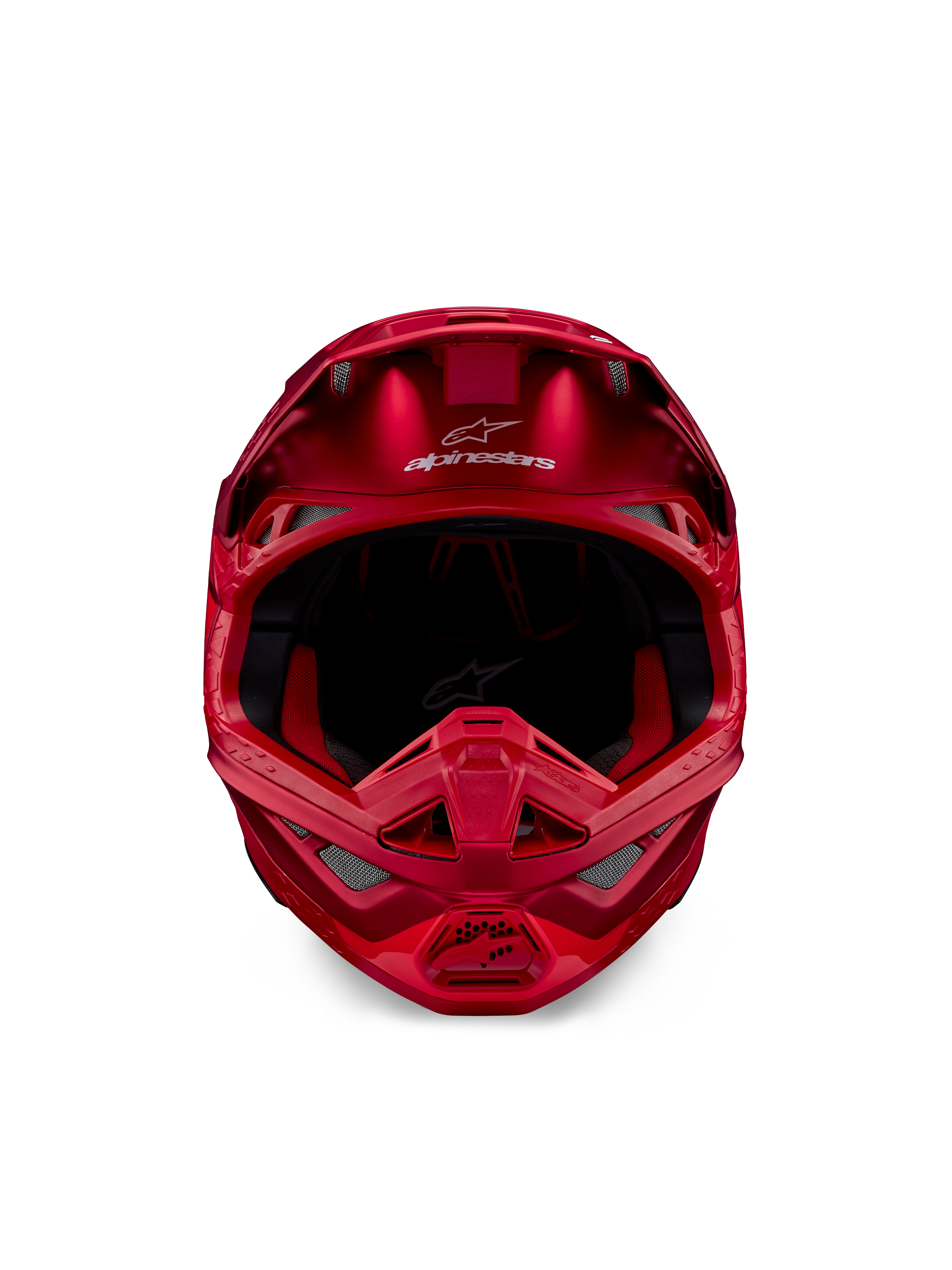 Alpinestars Supertech M10 Flood-hjälm, motocrosshjälm, röd fluo och röd matt/glansig, vy framifrån som visar aerodynamisk profil med flera ventilationsöppningar, Alpinestars-logotyp i pannan och rött innerfoder, professionell terrängracingutrustning