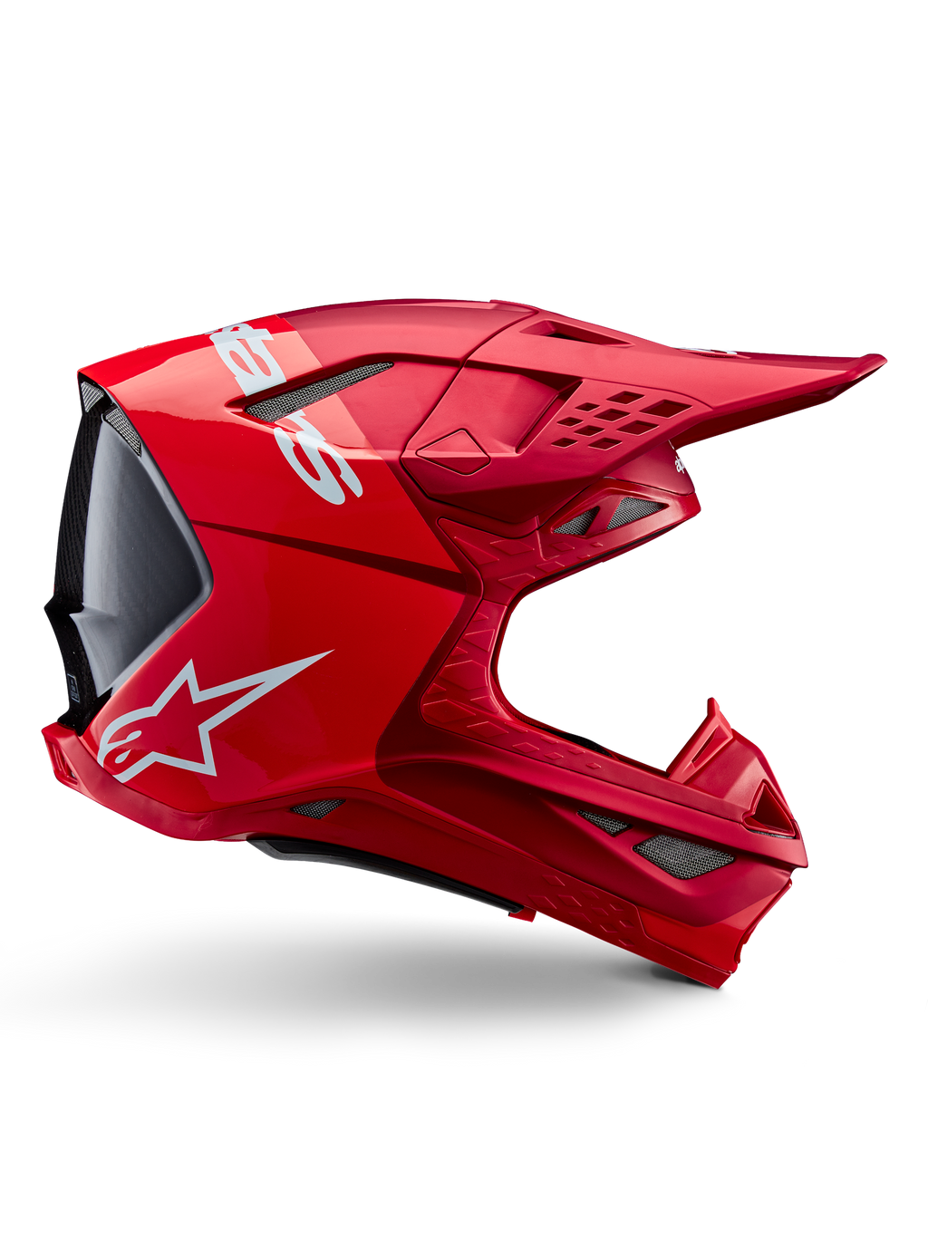 Alpinestars Supertech M10 Flood-hjälm, motocrosshjälm, Red Fluo Red matt och glansig, sidoprofilvy med vit logotyp, flera nättäckta ventiler och aerodynamisk design för off-road racing