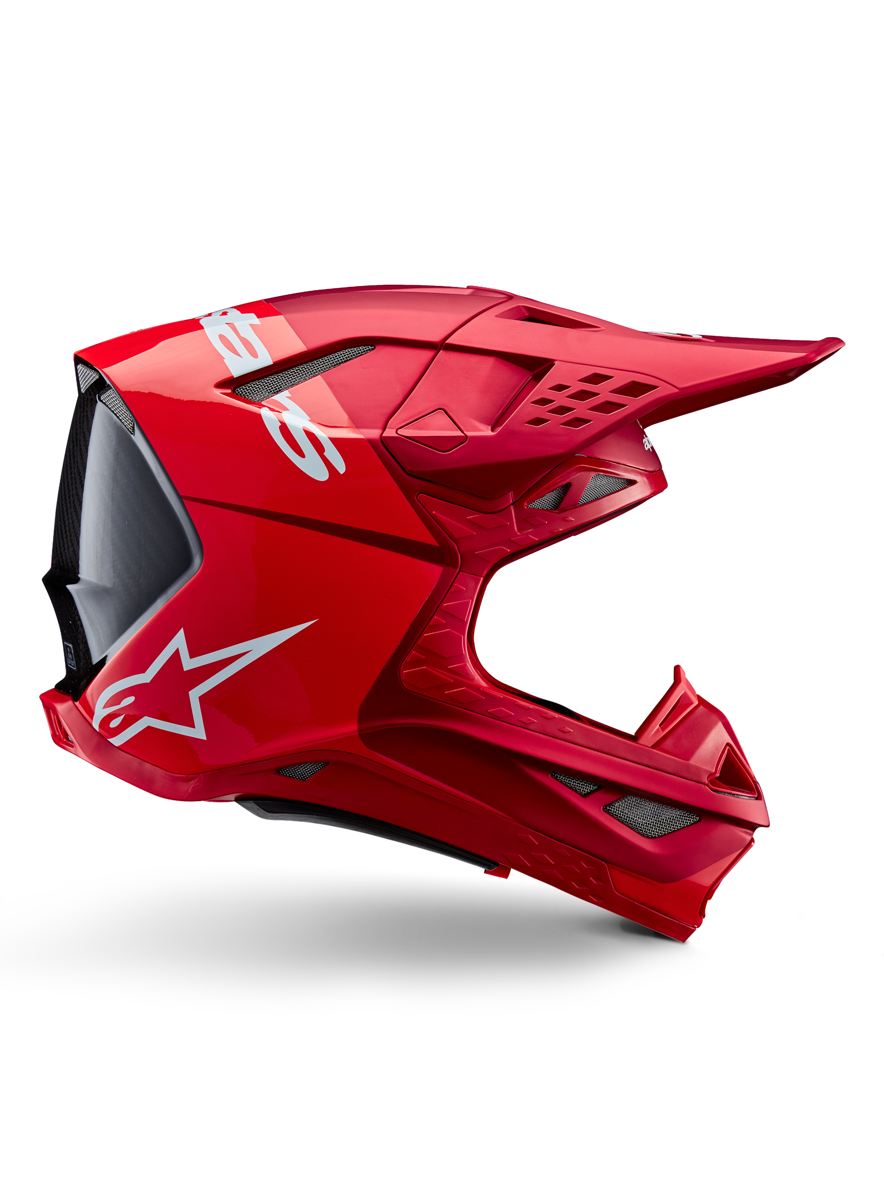 Alpinestars Supertech M10 Flood-hjälm, motocrosshjälm, Red Fluo Red matt och glansig, sidoprofilvy med vit logotyp, flera nättäckta ventiler och aerodynamisk design för off-road racing