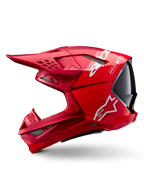 Alpinestars Supertech M10 Flood ECE 22.06 hjälm, motocrosshjälm, röd och fluo-röd med matt och glansig finish, sidoprofil som visar aerodynamisk skaldesign, flera ventilationsöppningar och vit Alpinestars-logotyp.