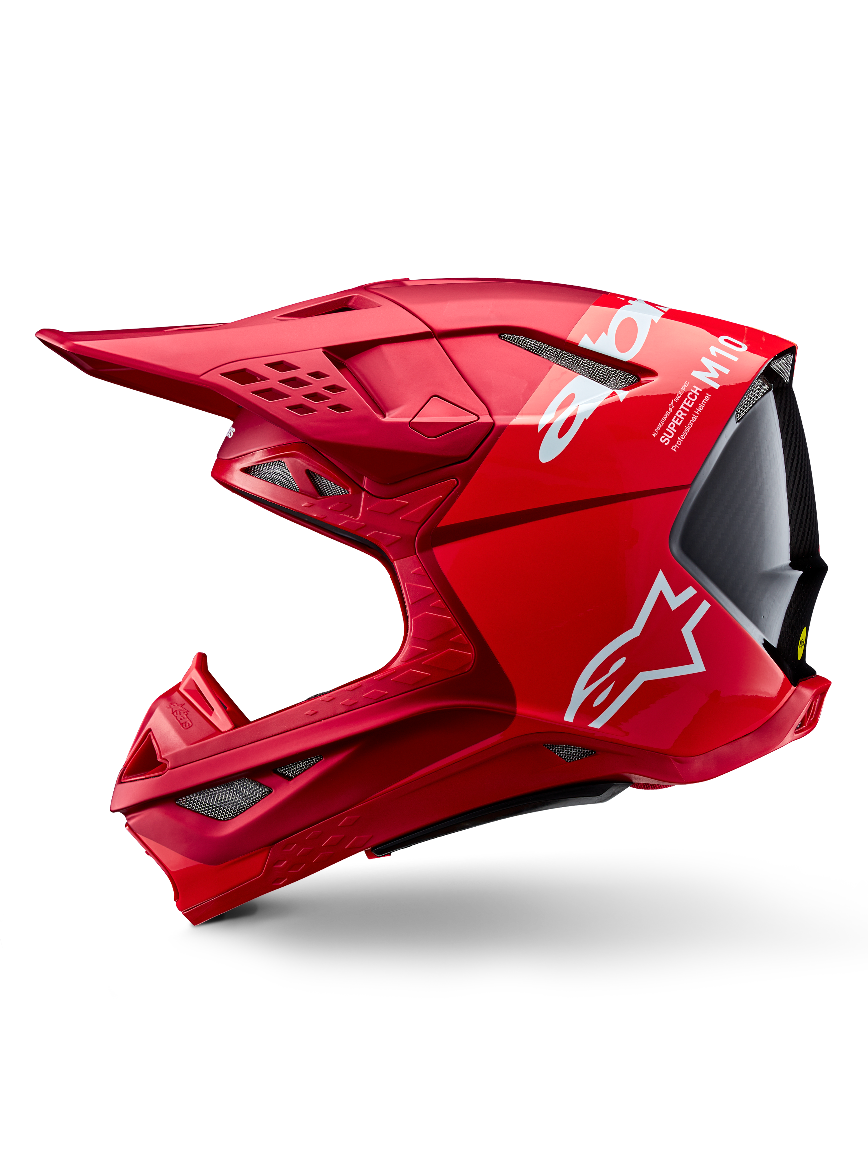 Alpinestars Supertech M10 Flood ECE 22.06 hjälm, motocrosshjälm, röd och fluo-röd med matt och glansig finish, sidoprofil som visar aerodynamisk skaldesign, flera ventilationsöppningar och vit Alpinestars-logotyp.
