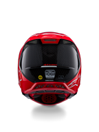 Alpinestars Supertech M10 Flood ECE 22.06-hjälm, baksida, röd fluorescerande röd matt och glansig, motocrosshjälm med synlig kolfibertextur, MIPS- och DOT-certifieringsdekaler och aerodynamiska ventilationsportar.