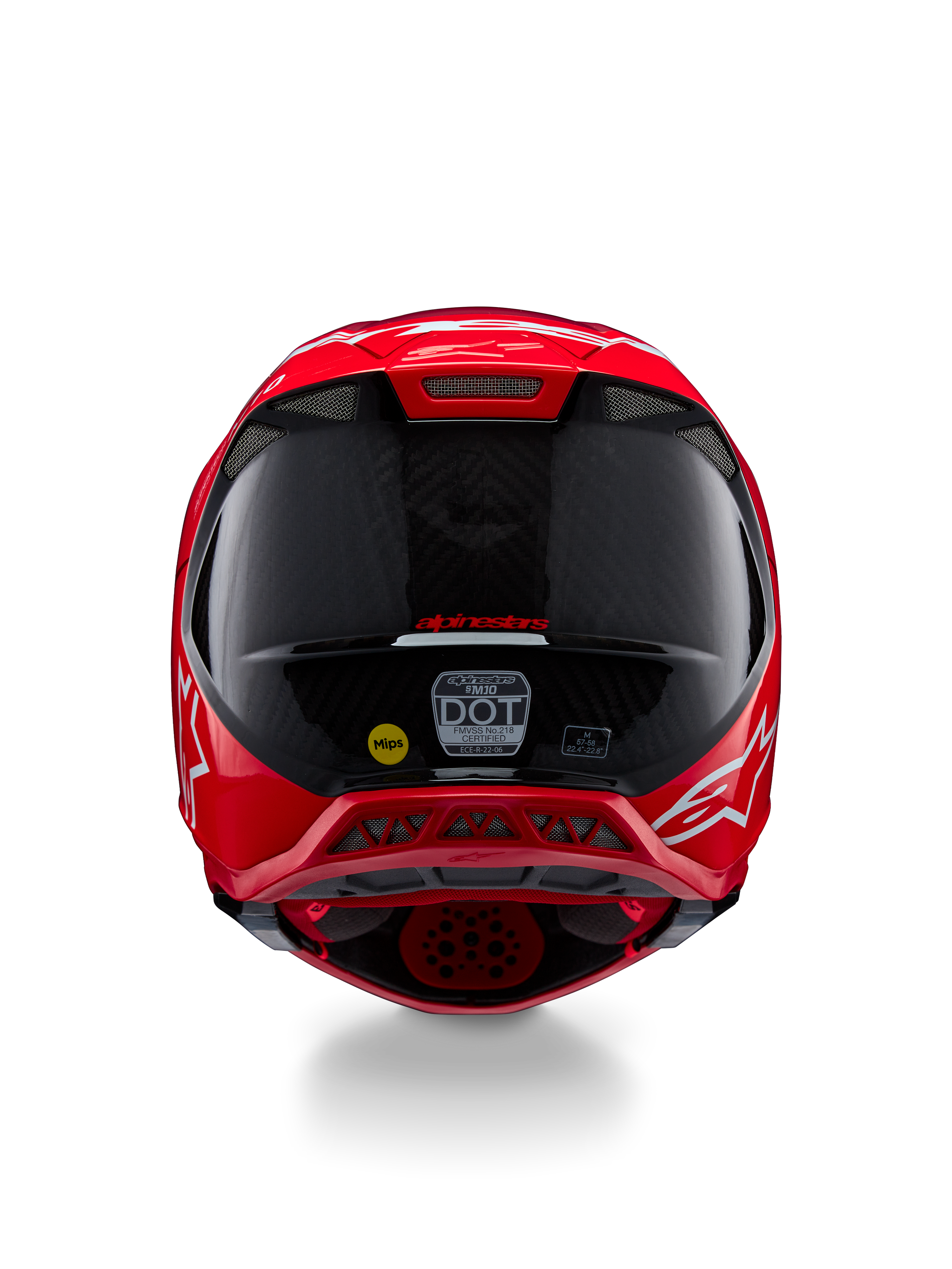 Alpinestars Supertech M10 Flood ECE 22.06-hjälm, baksida, röd fluorescerande röd matt och glansig, motocrosshjälm med synlig kolfibertextur, MIPS- och DOT-certifieringsdekaler och aerodynamiska ventilationsportar.