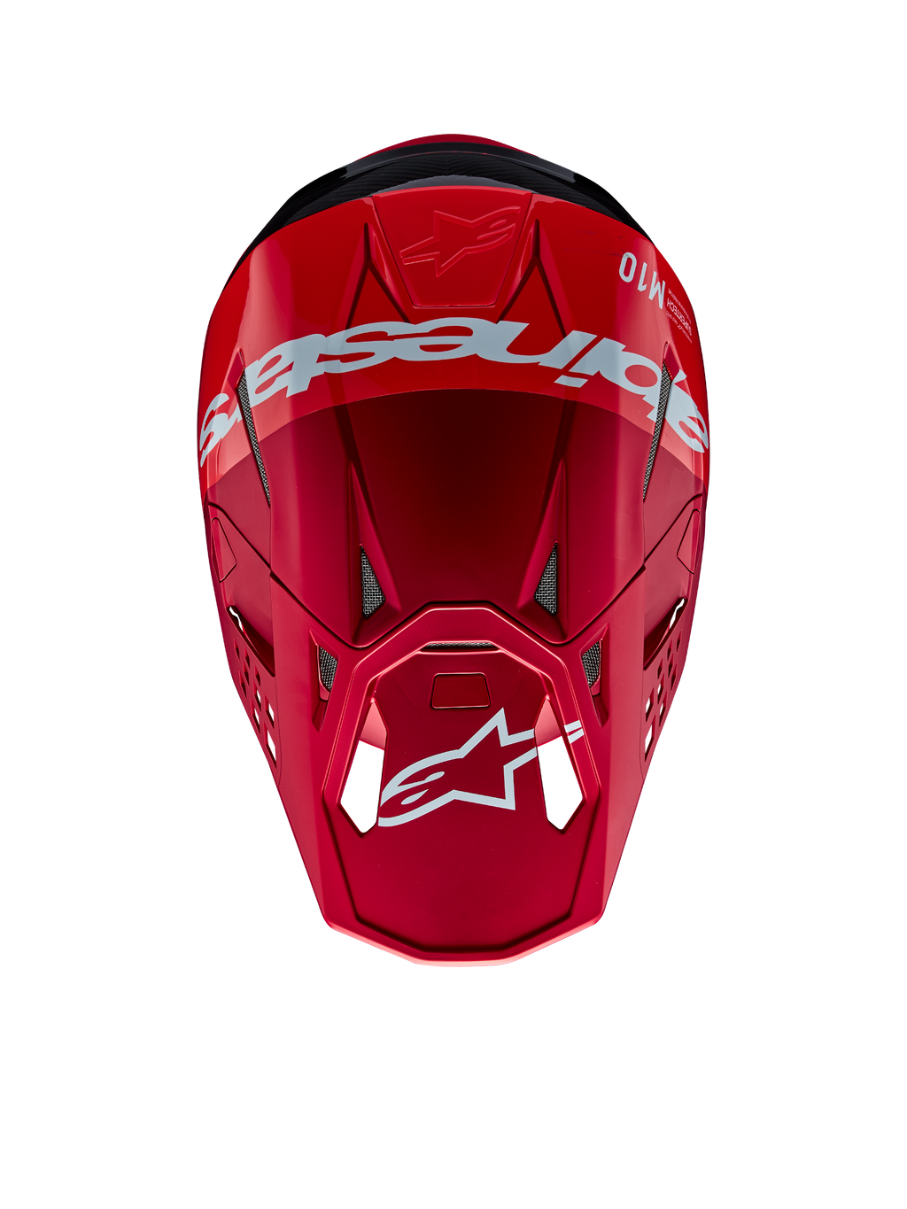 Alpinestars Supertech M10 Flood-hjälm, motocrosshjälm, röd och fluoröd med matt och glansig finish, perspektiv uppifrån som visar tydlig Alpinestars-branding och logotyp, avancerat aerodynamiskt skal med integrerade ventilationsportar för terrängkörning