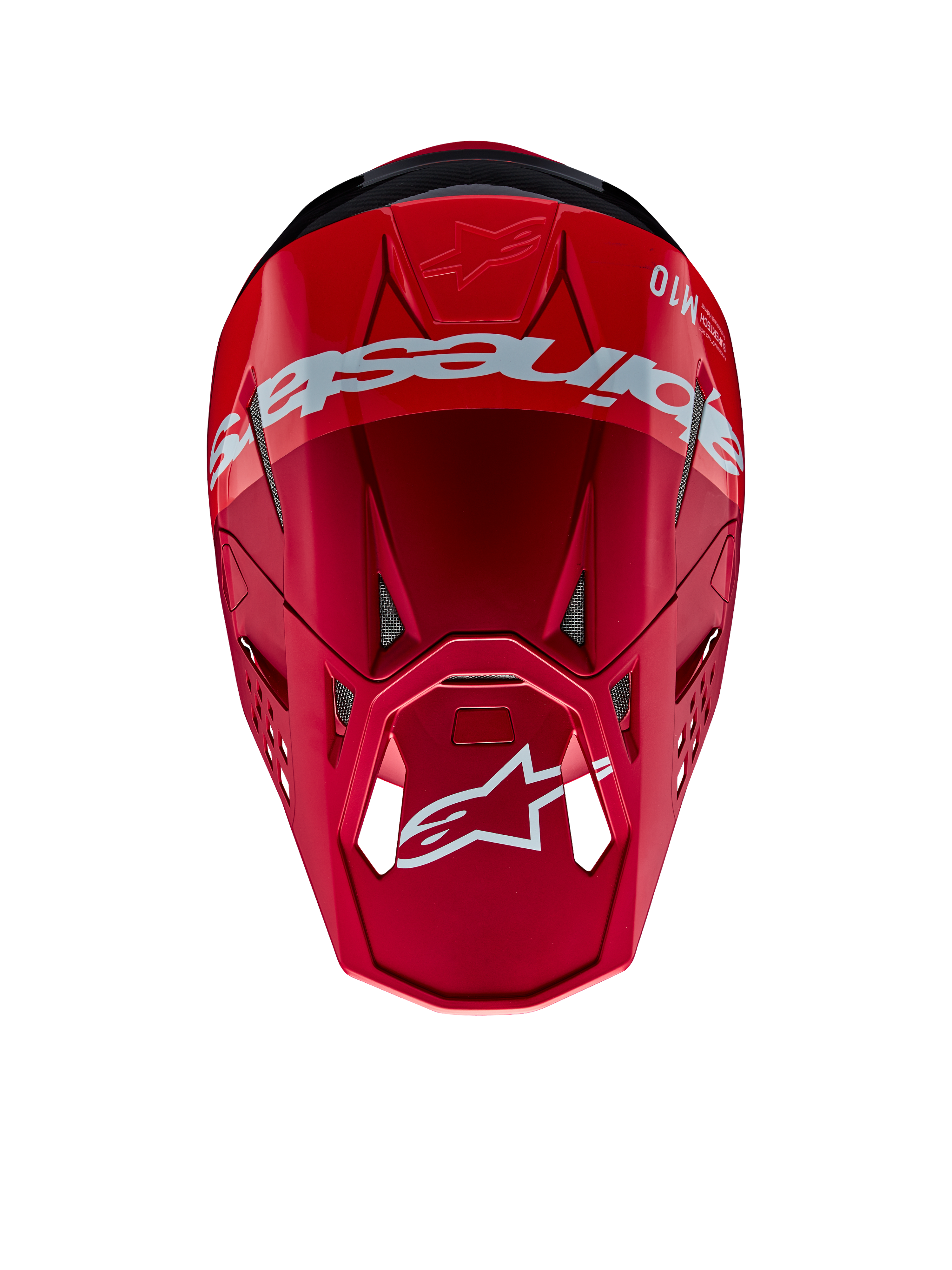 Alpinestars Supertech M10 Flood-hjälm, motocrosshjälm, röd och fluoröd med matt och glansig finish, perspektiv uppifrån som visar tydlig Alpinestars-branding och logotyp, avancerat aerodynamiskt skal med integrerade ventilationsportar för terrängkörning