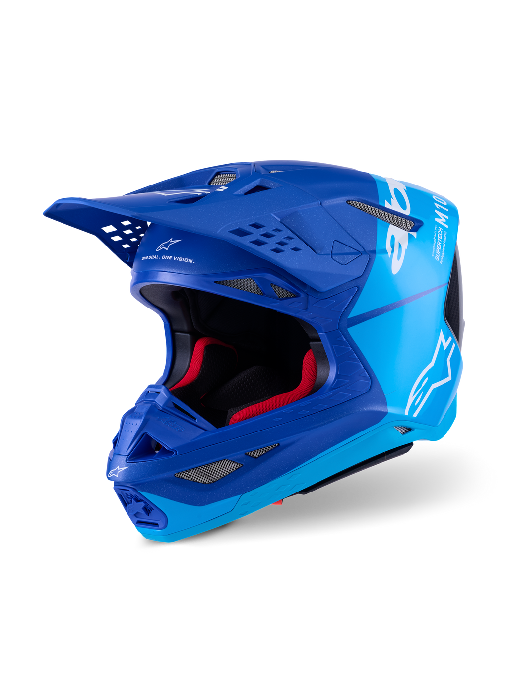 Alpinestars Supertech M10 Flood hjälm, motocrosshjälm, metallicblå och mellanblå med svarta kolfiberdetaljer, vita logotyper och M10-märkning, flera ventilationsöppningar och röd invändig vaddering, designad för professionell offroad-prestanda