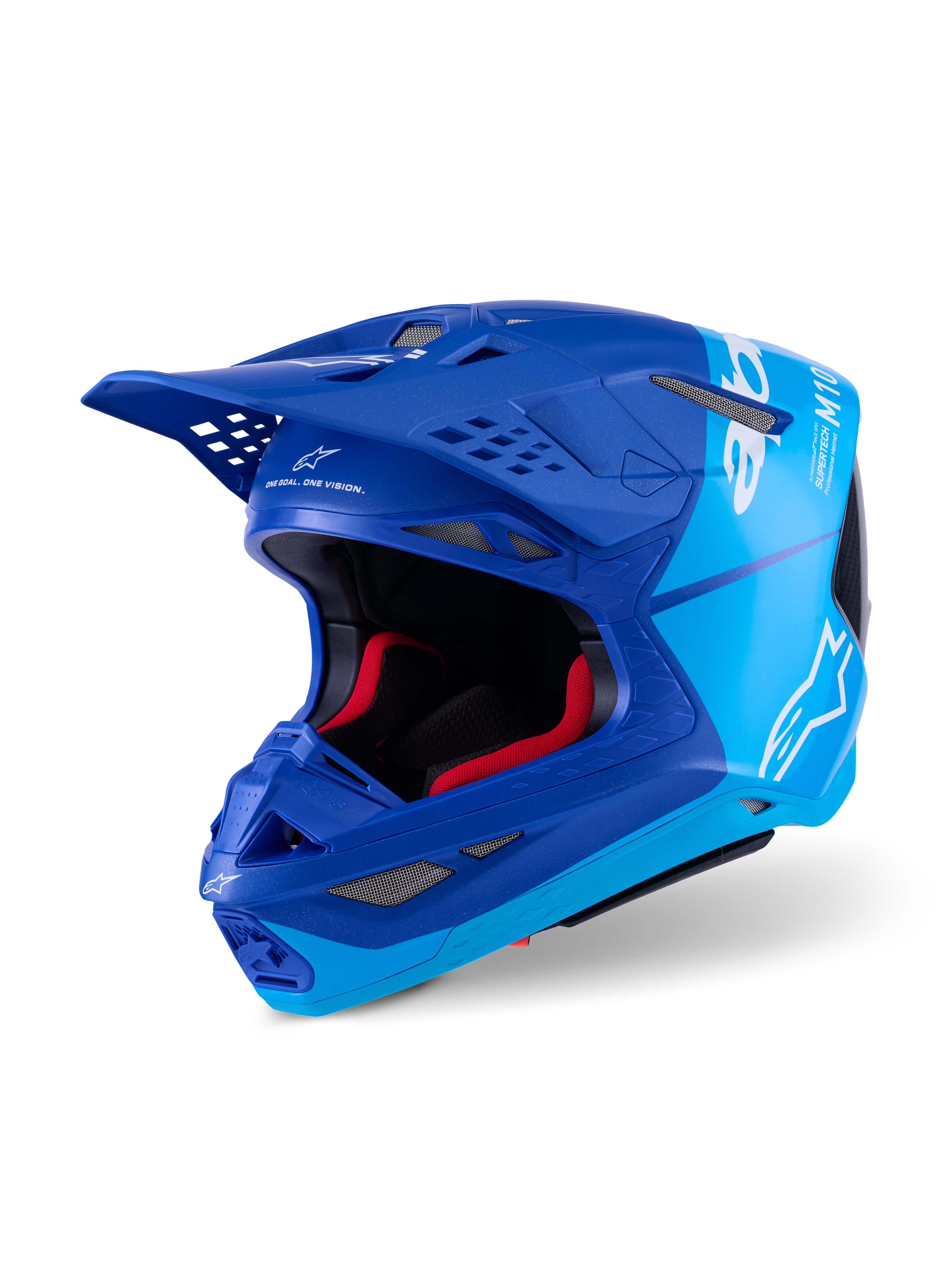 Alpinestars Supertech M10 Flood hjälm, motocrosshjälm, metallicblå och mellanblå med svarta kolfiberdetaljer, vita logotyper och M10-märkning, flera ventilationsöppningar och röd invändig vaddering, designad för professionell offroad-prestanda