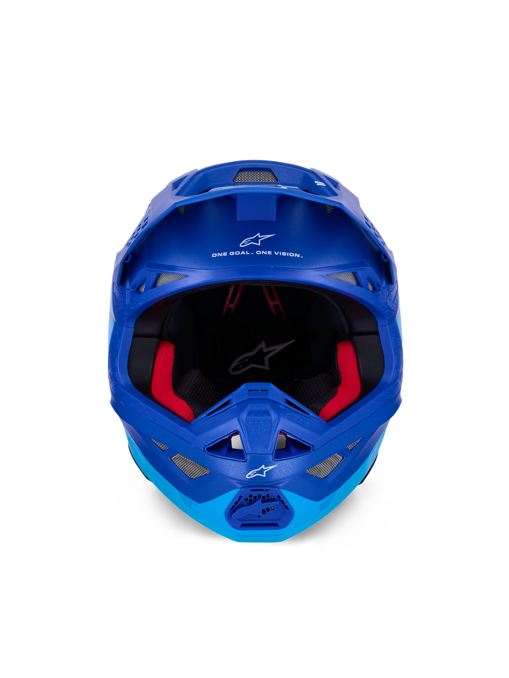 Alpinestars Supertech M10 Flood-hjälm ECE, motocrosshjälm, metallic- och mellanblå med svarta kolfiberdetaljer, vy framifrån som visar hakparti och ögonöppning, vita Alpinestars-logotyper och text, röd invändig vaddering, professionellt skydd för terrängkörning