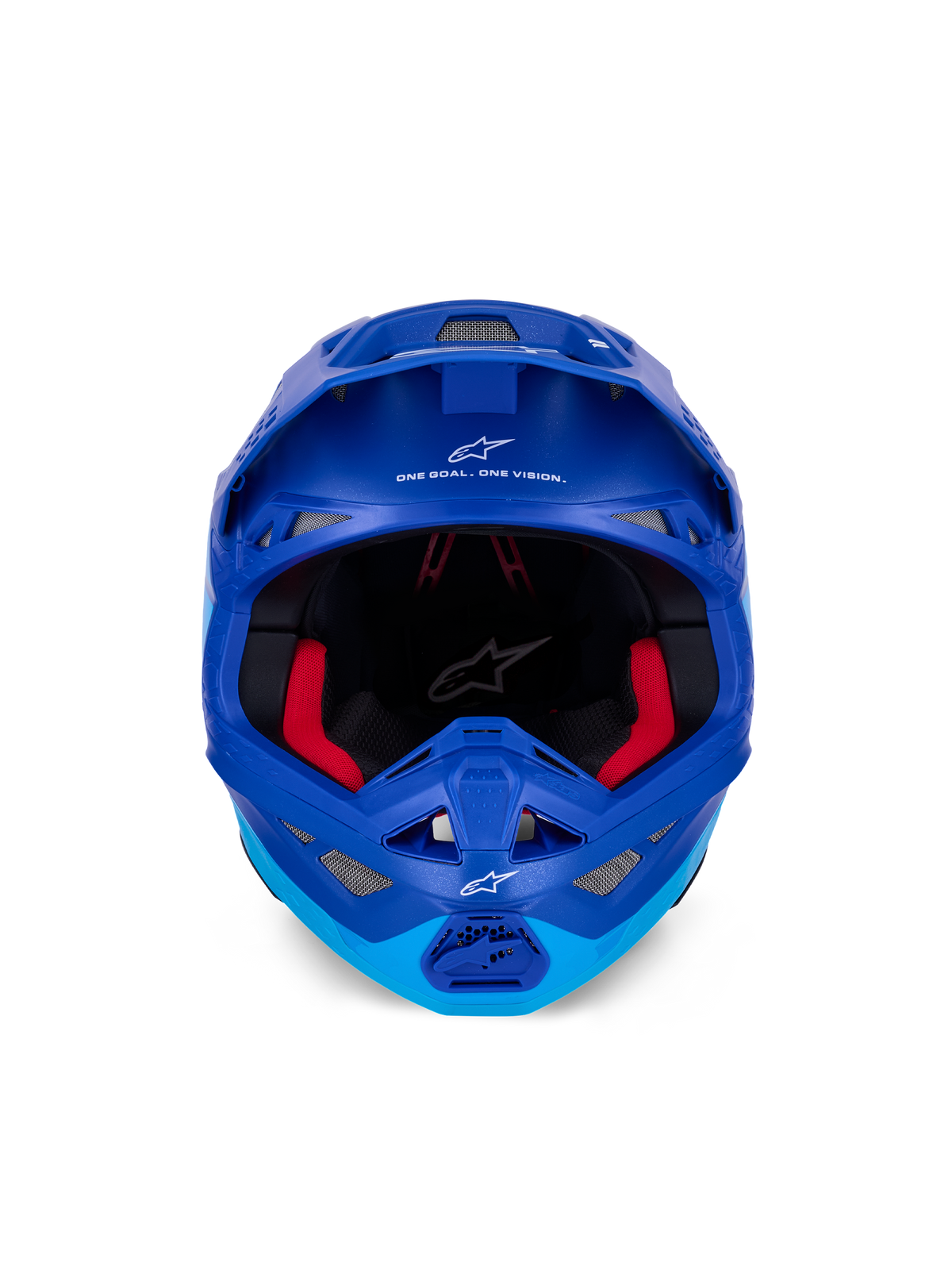 Alpinestars Supertech M10 Flood-hjälm ECE, motocrosshjälm, metallic- och mellanblå med svarta kolfiberdetaljer, vy framifrån som visar hakparti och ögonöppning, vita Alpinestars-logotyper och text, röd invändig vaddering, professionellt skydd för terrängkörning