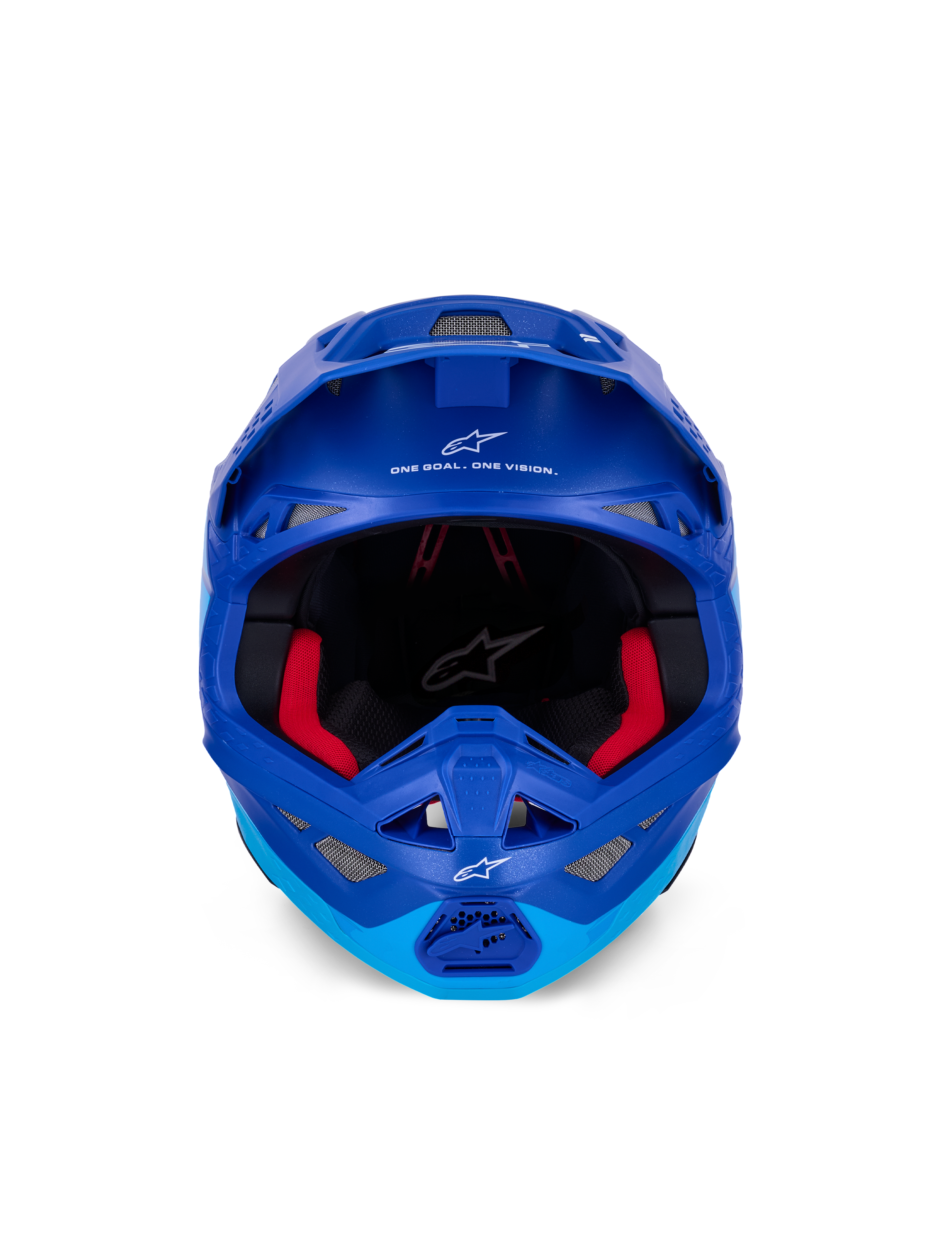 Alpinestars Supertech M10 Flood-hjälm ECE, motocrosshjälm, metallic- och mellanblå med svarta kolfiberdetaljer, vy framifrån som visar hakparti och ögonöppning, vita Alpinestars-logotyper och text, röd invändig vaddering, professionellt skydd för terrängkörning