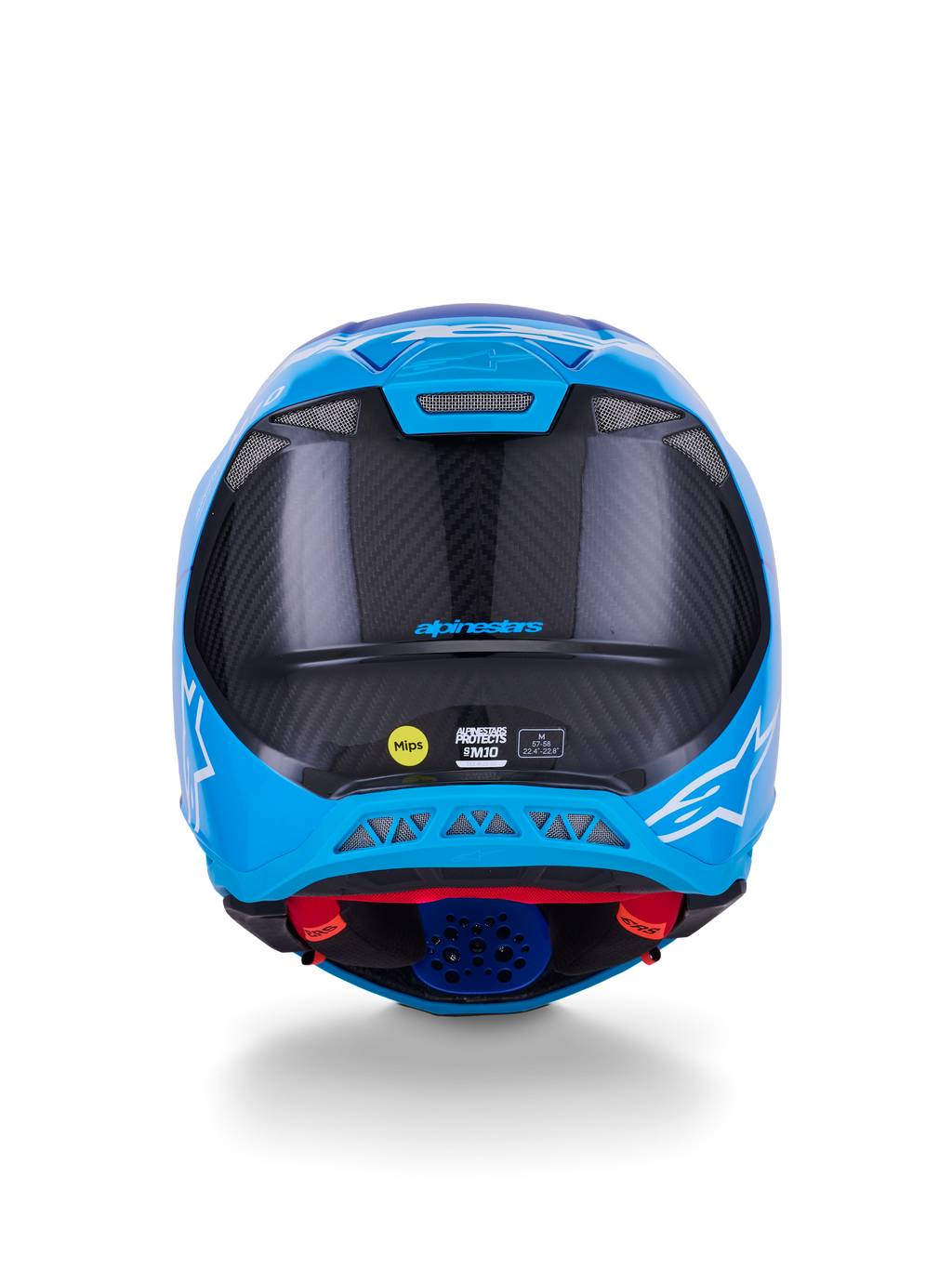 Alpinestars Supertech M10 Flood-hjälm, motocrosshjälm, metallicblå och mellanblå med svart kolfiber, vy bakifrån som visar 3K-kolfiberstruktur, vita stjärnlogotyper, MIPS-klistermärke och ventilationsöppningar