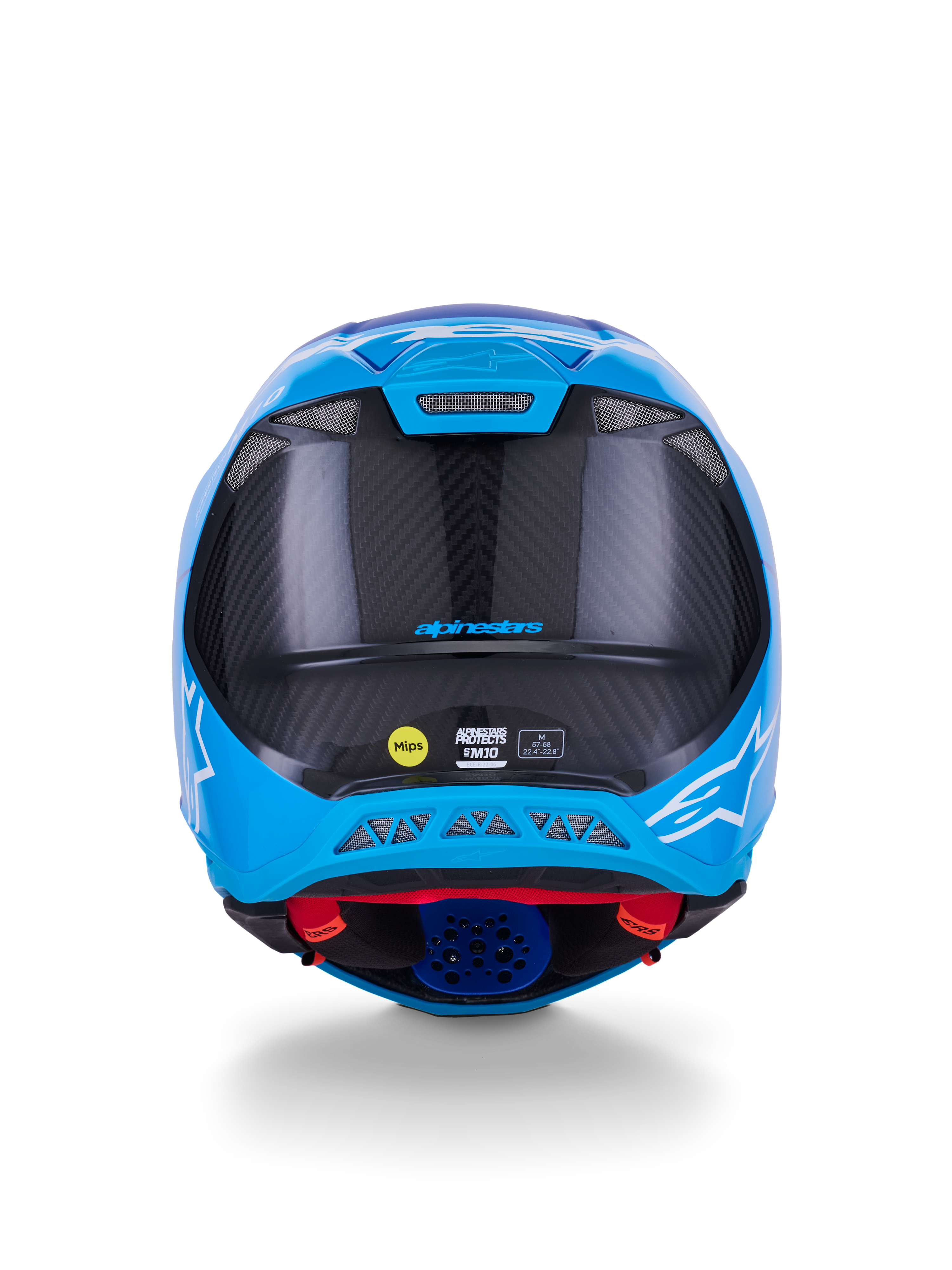 Alpinestars Supertech M10 Flood-hjälm, motocrosshjälm, metallicblå och mellanblå med svart kolfiber, vy bakifrån som visar 3K-kolfiberstruktur, vita stjärnlogotyper, MIPS-klistermärke och ventilationsöppningar