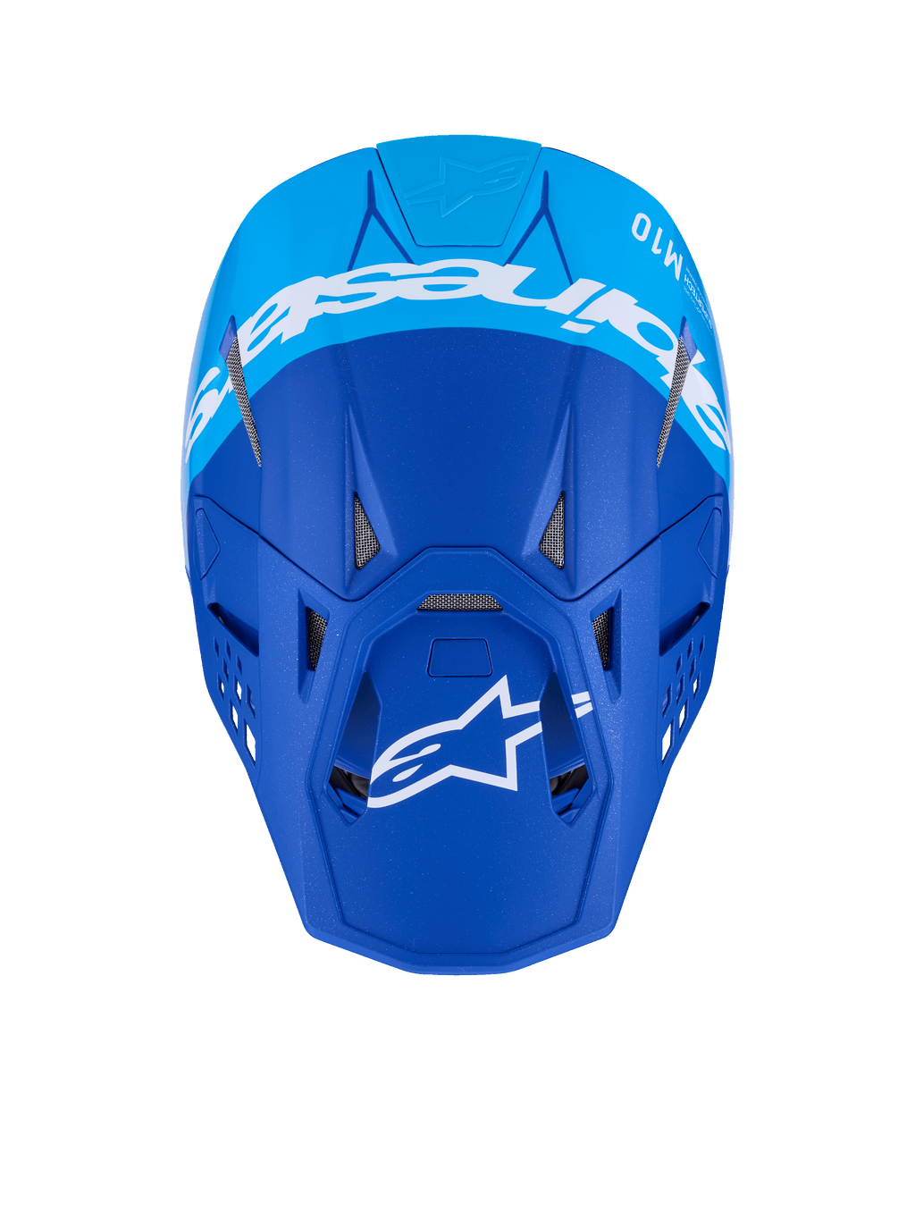 Alpinestars Supertech M10 Flood-hjälm, motocrosshjälm, mörkblå och ljusblå, vy uppifrån med vit Alpinestars-logotyp och ventilationsöppningar, matt finish, professionell terrängracinghjälm