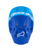 Alpinestars Supertech M10 Flood-hjälm, motocrosshjälm, mörkblå och ljusblå, vy uppifrån med vit Alpinestars-logotyp och ventilationsöppningar, matt finish, professionell terrängracinghjälm