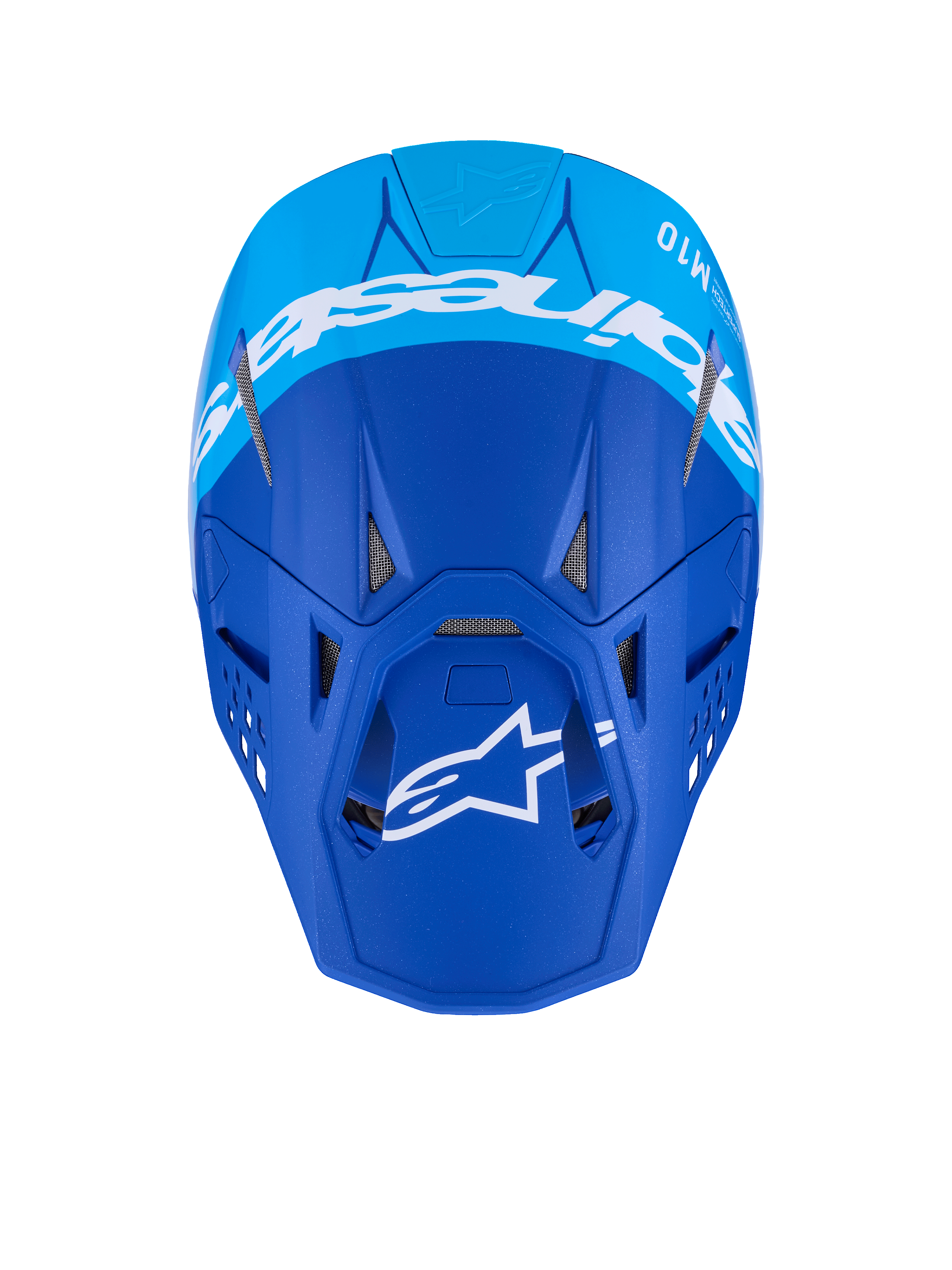 Alpinestars Supertech M10 Flood-hjälm, motocrosshjälm, mörkblå och ljusblå, vy uppifrån med vit Alpinestars-logotyp och ventilationsöppningar, matt finish, professionell terrängracinghjälm
