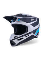 Alpinestars S-M3 Heat-hjälm, motocrosshjälm, matt silver, blå och svart, med ett aerodynamiskt visir, flera ventilationsöppningar och djärva grafiska accenter, skyddsutrustning för terrängkörning
