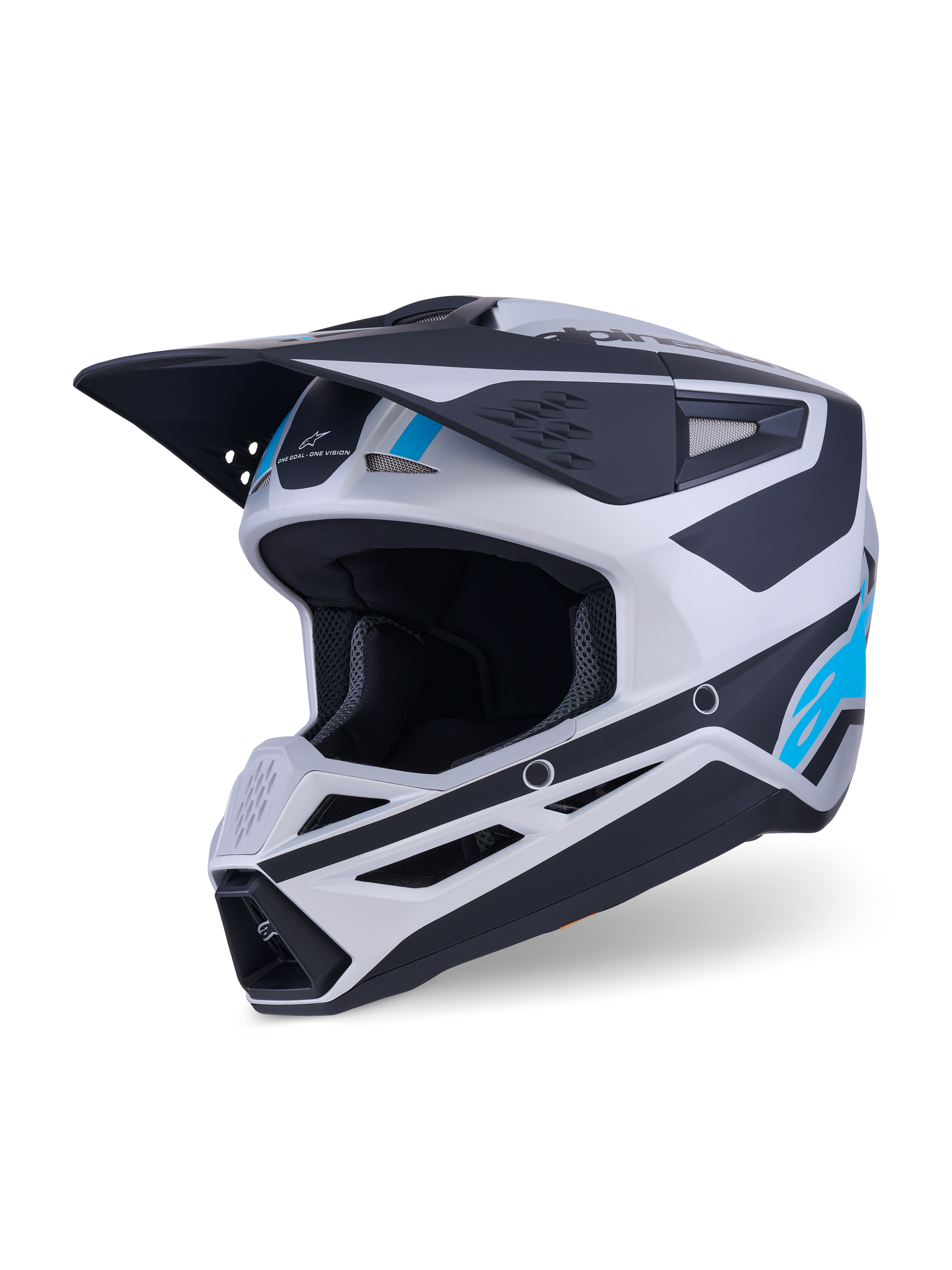 Alpinestars S-M3 Heat-hjälm, motocrosshjälm, matt silver, blå och svart, med ett aerodynamiskt visir, flera ventilationsöppningar och djärva grafiska accenter, skyddsutrustning för terrängkörning