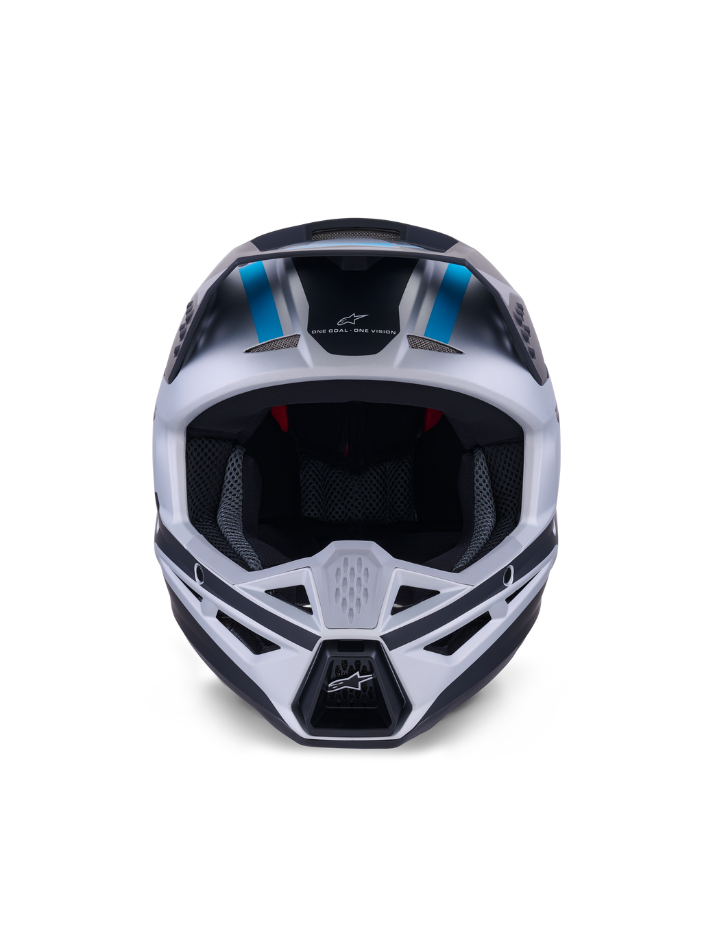 Alpinestars S-M3 Heat-hjälm, motocrosshjälm, silver, blå och mattsvart, vy framifrån som framhäver ventilationssystemet, stort synfält och invändig nätvaddering, med märkets slogan 'ONE GOAL ONE VISION' på pannan.