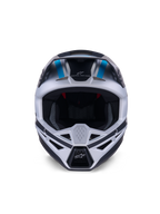 Alpinestars S-M3 Heat-hjälm, motocrosshjälm, silver, blå och mattsvart, vy framifrån som framhäver ventilationssystemet, stort synfält och invändig nätvaddering, med märkets slogan 'ONE GOAL ONE VISION' på pannan.
