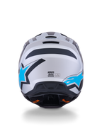 Alpinestars S-M3 Heat hjälm, motocrosshjälm, silver, blå och matt svart, vy bakifrån som visar klarblå stjärnlogotyper, matt finish och integrerade ventilationsportar.