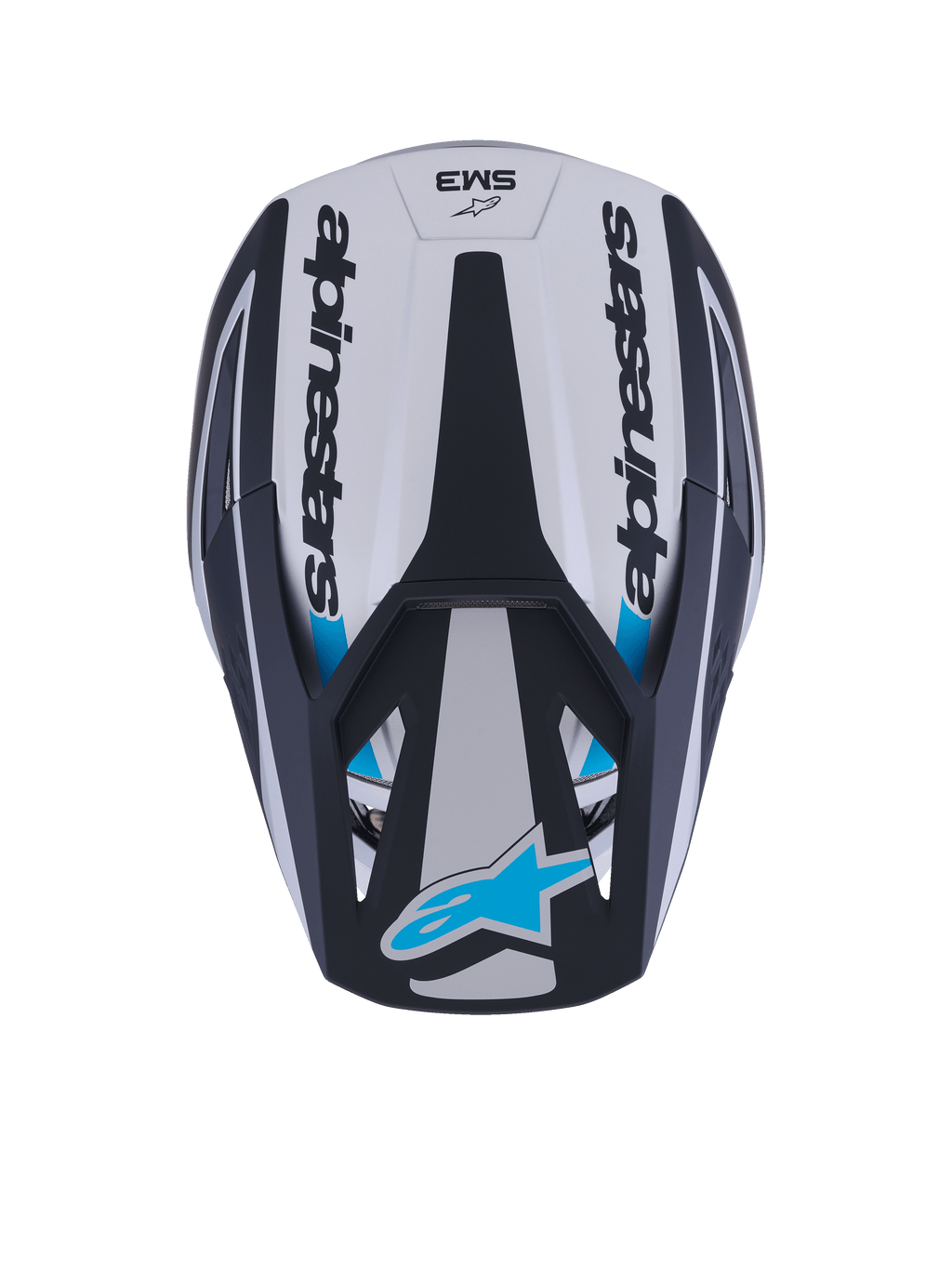 Alpinestars S-M3 Heat-hjälm, motocrosshjälm, vy ovanifrån, silver, blå och mattsvart, med Alpinestars ordmärke på sidorna, blå Astar-logotyp på visirskärmen och aerodynamisk skaldesign med matt yta.