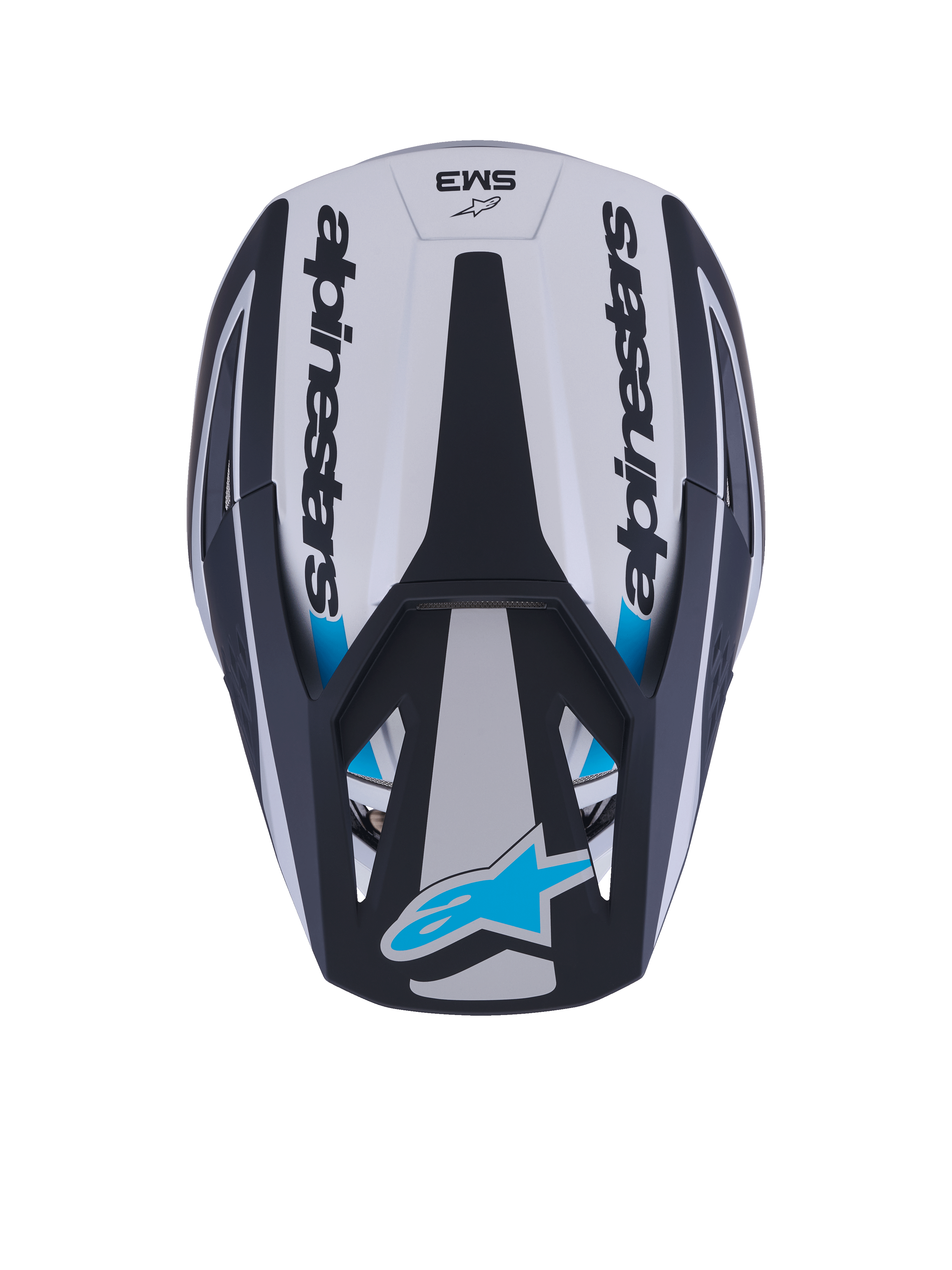 Alpinestars S-M3 Heat-hjälm, motocrosshjälm, vy ovanifrån, silver, blå och mattsvart, med Alpinestars ordmärke på sidorna, blå Astar-logotyp på visirskärmen och aerodynamisk skaldesign med matt yta.