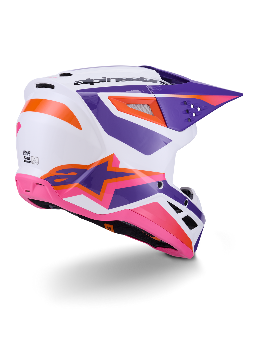 Alpinestars S-M3 Heat Hjälm ECE 22.06, motocrosshjälm, vit med lila, rosa och orangea detaljer, vy snett bakifrån som visar ventilationsöppningar och en tydlig stjärnlogotyp, glansig finish för offroad-prestanda
