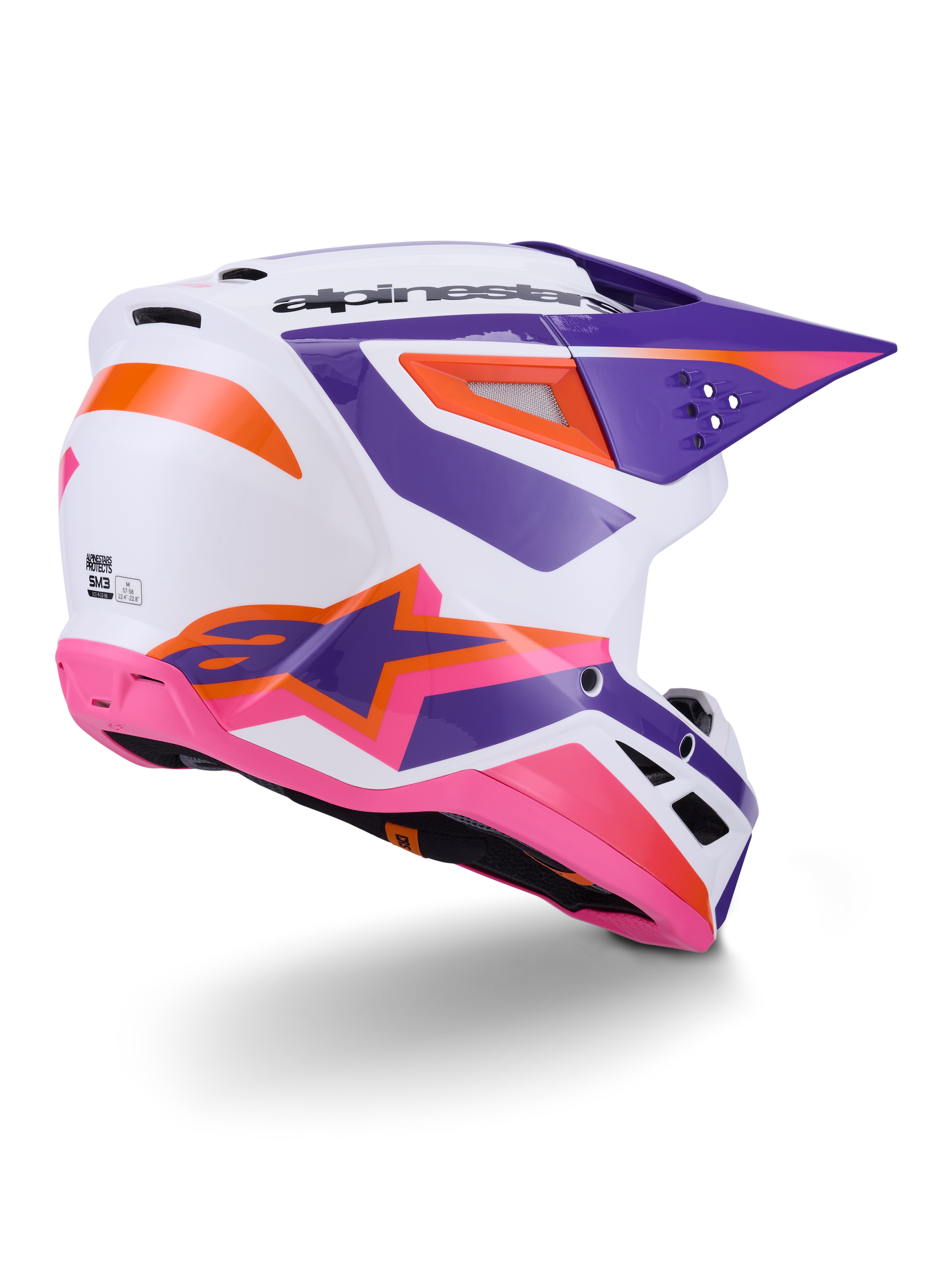 Alpinestars S-M3 Heat Hjälm ECE 22.06, motocrosshjälm, vit med lila, rosa och orangea detaljer, vy snett bakifrån som visar ventilationsöppningar och en tydlig stjärnlogotyp, glansig finish för offroad-prestanda