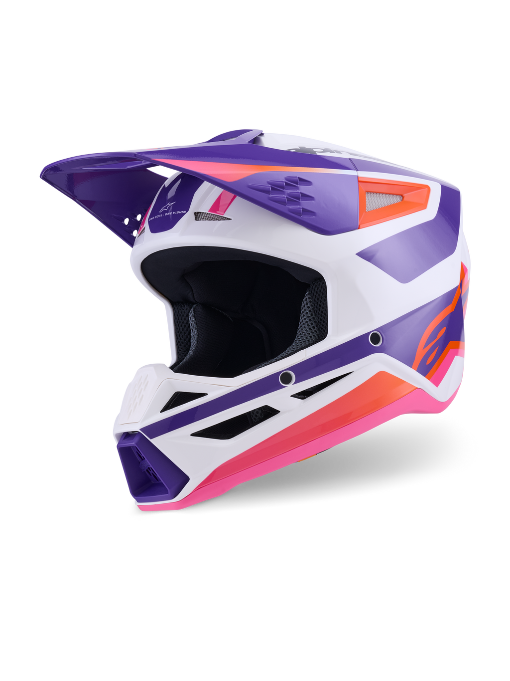 Alpinestars S-M3 Heat hjälm ECE 22.06, motocrosshjälm, vit, lila och rosa glansig, trekvartsvy framifrån med framträdande geometrisk grafik, ventilerat hakparti och aerodynamisk skärm, skydd för terrängkörning