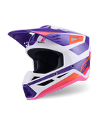 Alpinestars S-M3 Heat hjälm ECE 22.06, motocrosshjälm, vit, lila och rosa glansig, trekvartsvy framifrån med framträdande geometrisk grafik, ventilerat hakparti och aerodynamisk skärm, skydd för terrängkörning