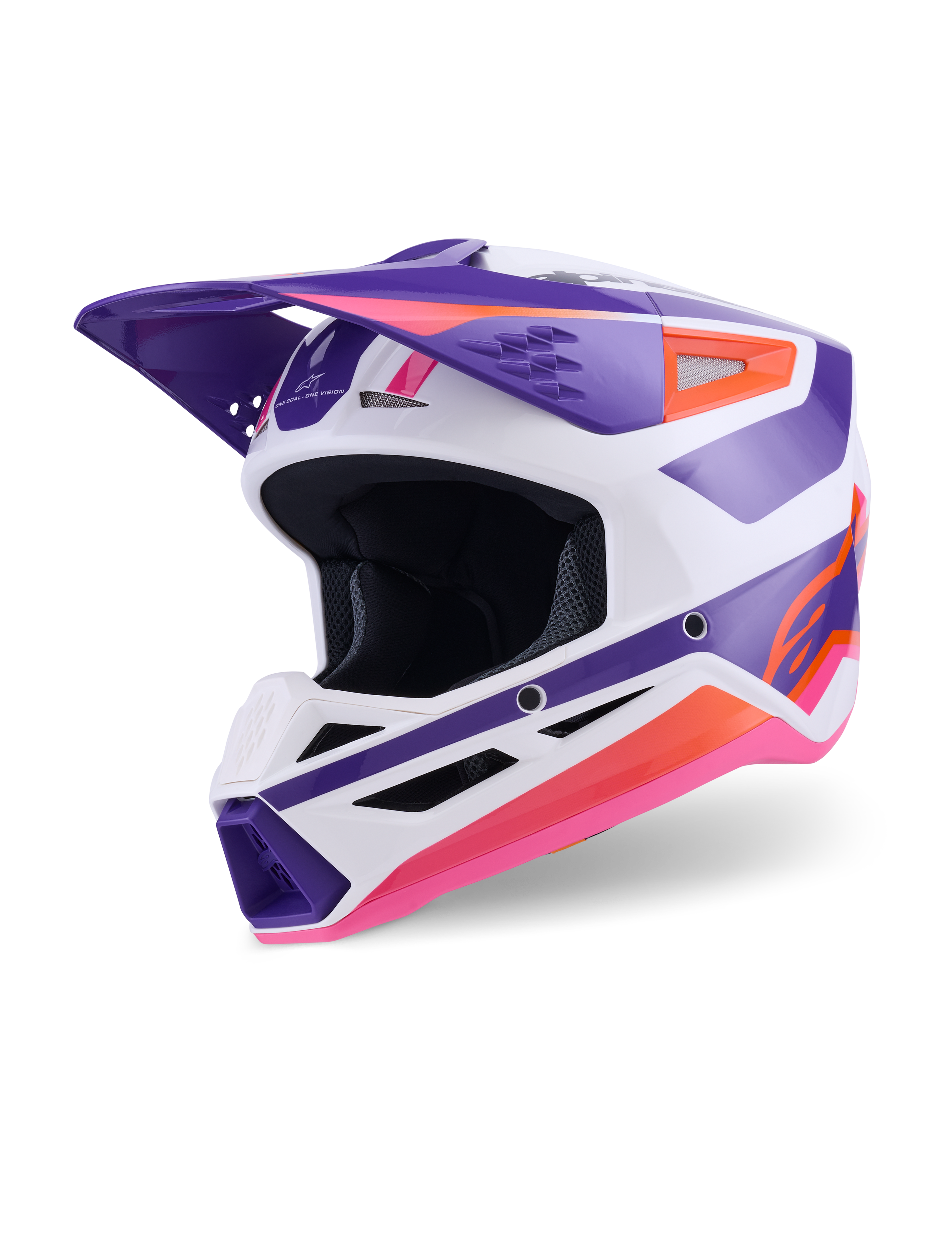 Alpinestars S-M3 Heat hjälm ECE 22.06, motocrosshjälm, vit, lila och rosa glansig, trekvartsvy framifrån med framträdande geometrisk grafik, ventilerat hakparti och aerodynamisk skärm, skydd för terrängkörning