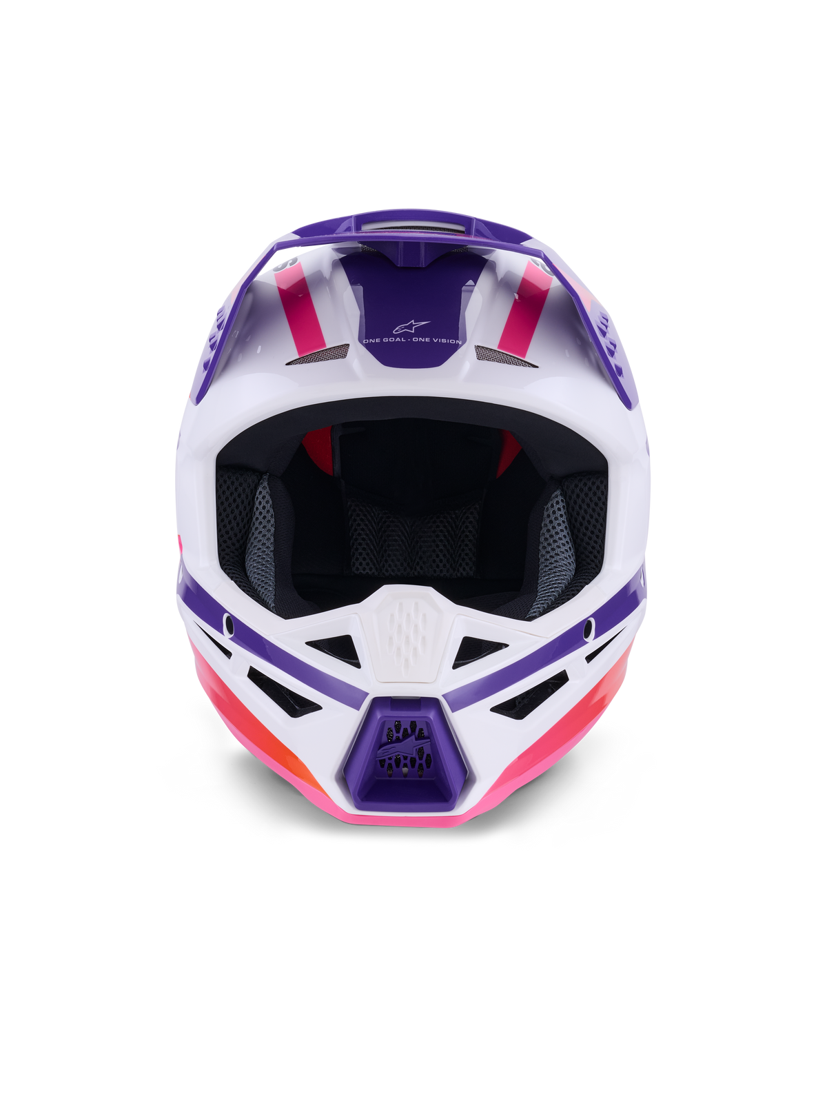 Alpinestars S-M3 Heat Helmet ECE 22.06, motocrosshjälm, vit, lila och rosa glansig, vy framifrån som visar ventilationsöppningar och distinkt geometrisk grafik, professionellt huvudskydd för terrängkörning