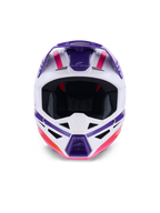 Alpinestars S-M3 Heat Helmet ECE 22.06, motocrosshjälm, vit, lila och rosa glansig, vy framifrån som visar ventilationsöppningar och distinkt geometrisk grafik, professionellt huvudskydd för terrängkörning