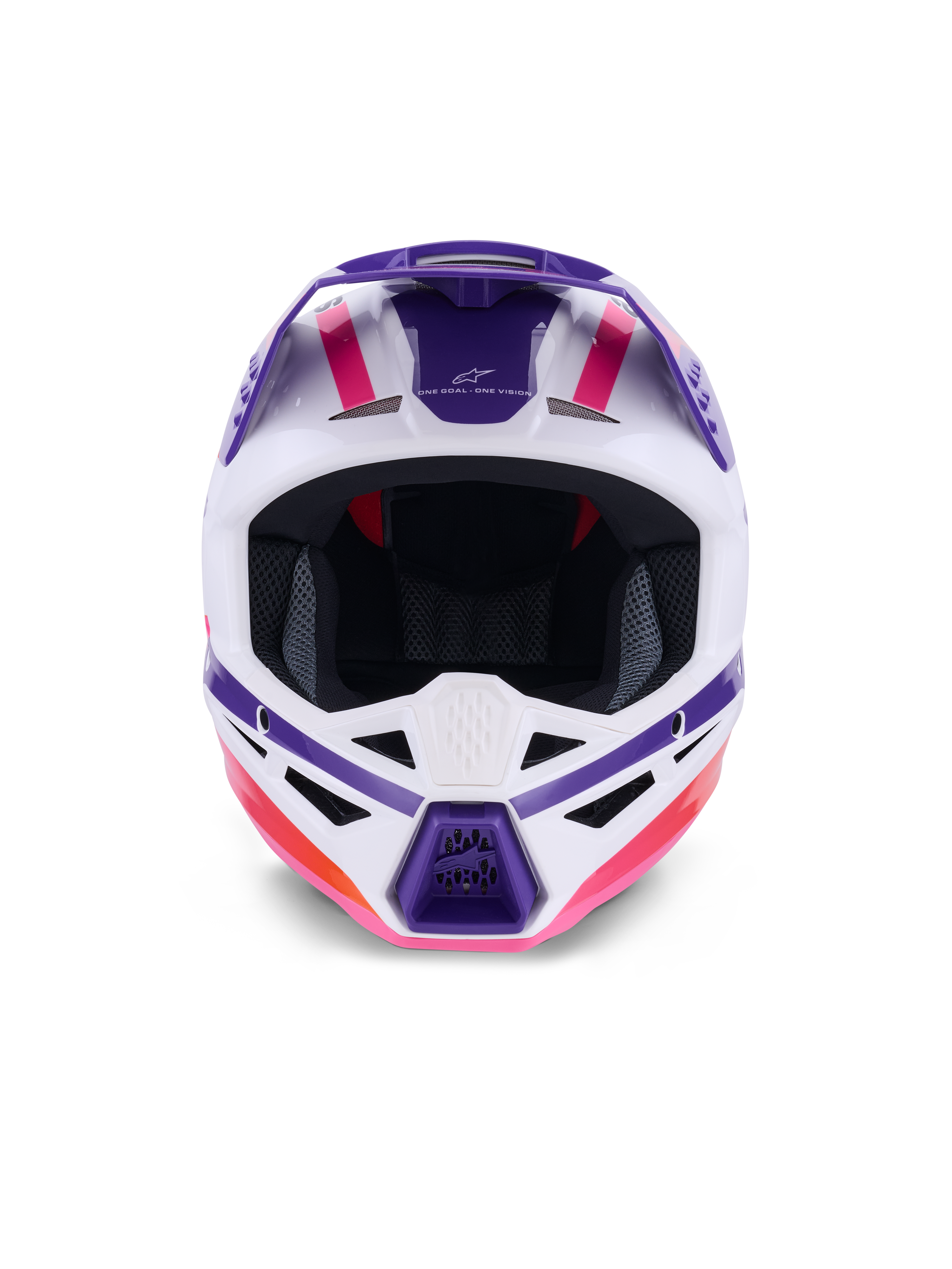 Alpinestars S-M3 Heat Helmet ECE 22.06, motocrosshjälm, vit, lila och rosa glansig, vy framifrån som visar ventilationsöppningar och distinkt geometrisk grafik, professionellt huvudskydd för terrängkörning