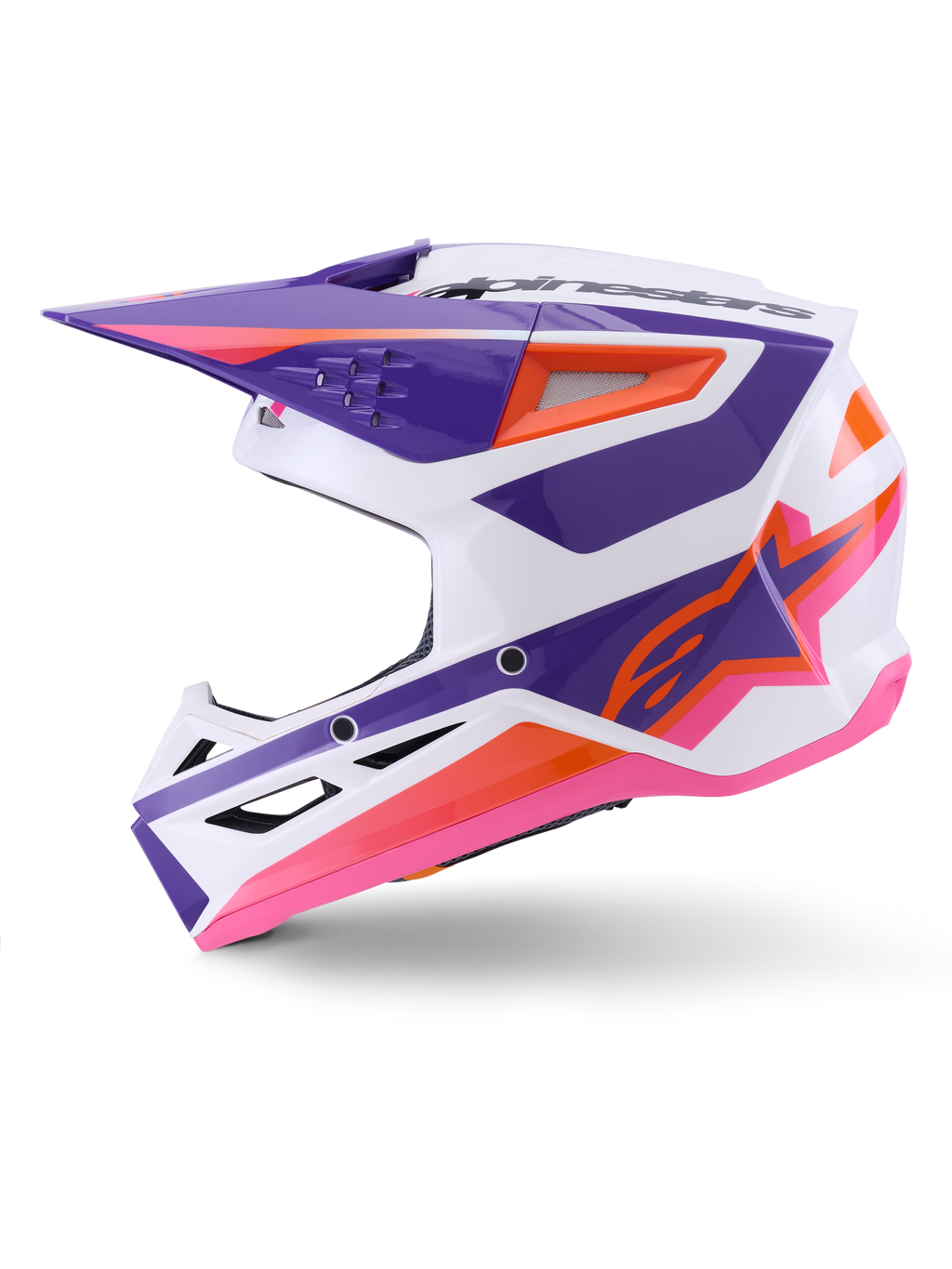 Alpinestars S-M3 Heat Hjälm ECE 22.06, motocrosshjälm, vit, lila och rosa blank med orange detaljer, sidoprofil som visar vinklad grafisk design, ventilationsinsläpp och blank finish för terrängkörning