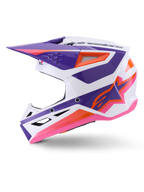 Alpinestars S-M3 Heat Hjälm ECE 22.06, motocrosshjälm, vit, lila och rosa blank med orange detaljer, sidoprofil som visar vinklad grafisk design, ventilationsinsläpp och blank finish för terrängkörning