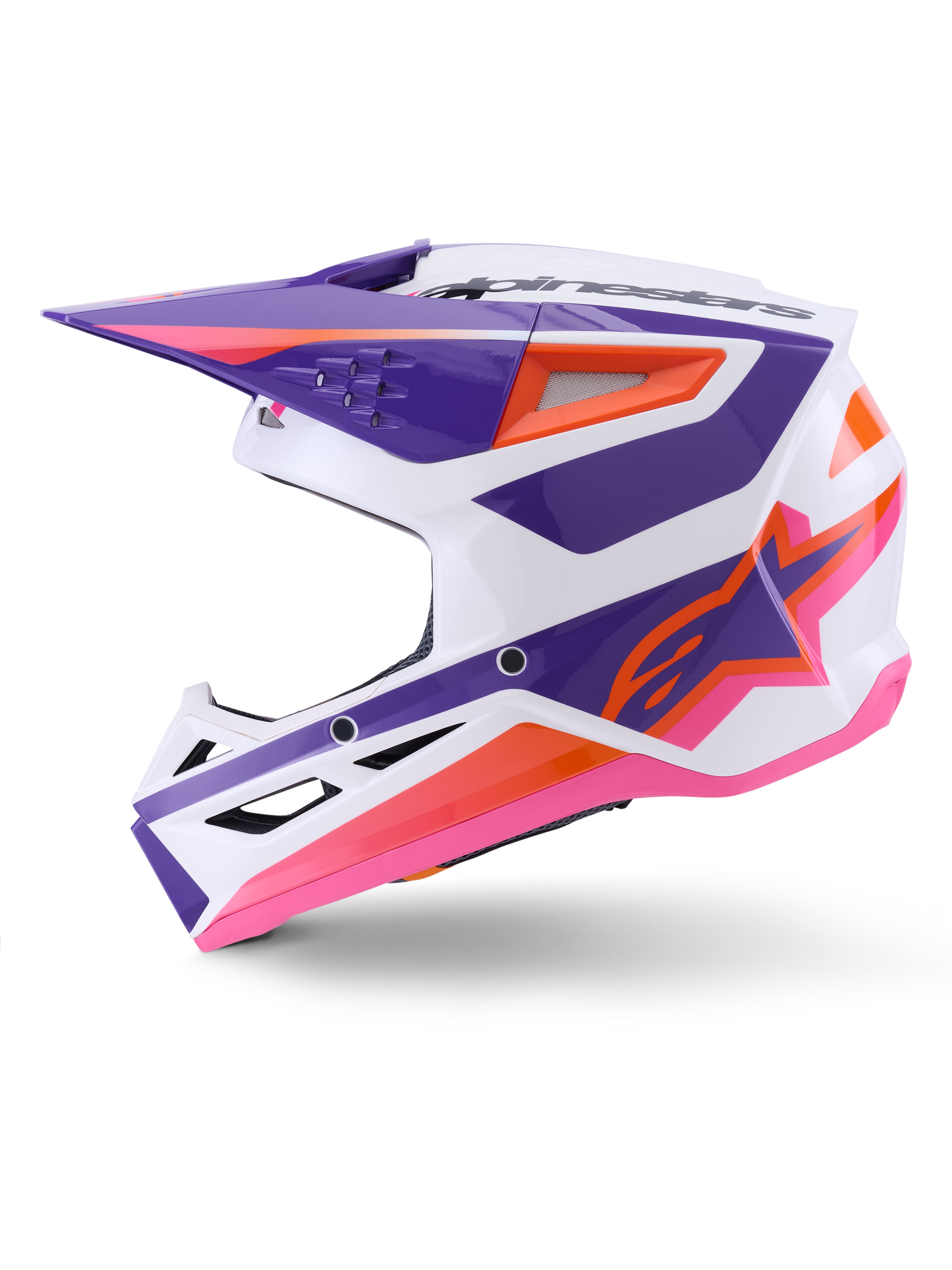 Alpinestars S-M3 Heat Hjälm ECE 22.06, motocrosshjälm, vit, lila och rosa blank med orange detaljer, sidoprofil som visar vinklad grafisk design, ventilationsinsläpp och blank finish för terrängkörning