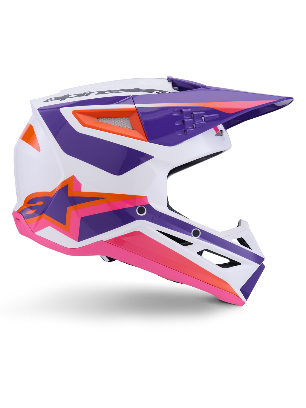 Alpinestars S-M3 Heat-hjälm ECE 22.06, motocrosshjälm, vit, lila och rosa glansig, med livfull lila och rosa grafik och orange detaljer, sidovy som visar Astar-logotypen och ventilerad design för terrängkörning