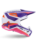 Alpinestars S-M3 Heat-hjälm ECE 22.06, motocrosshjälm, vit, lila och rosa glansig, med livfull lila och rosa grafik och orange detaljer, sidovy som visar Astar-logotypen och ventilerad design för terrängkörning